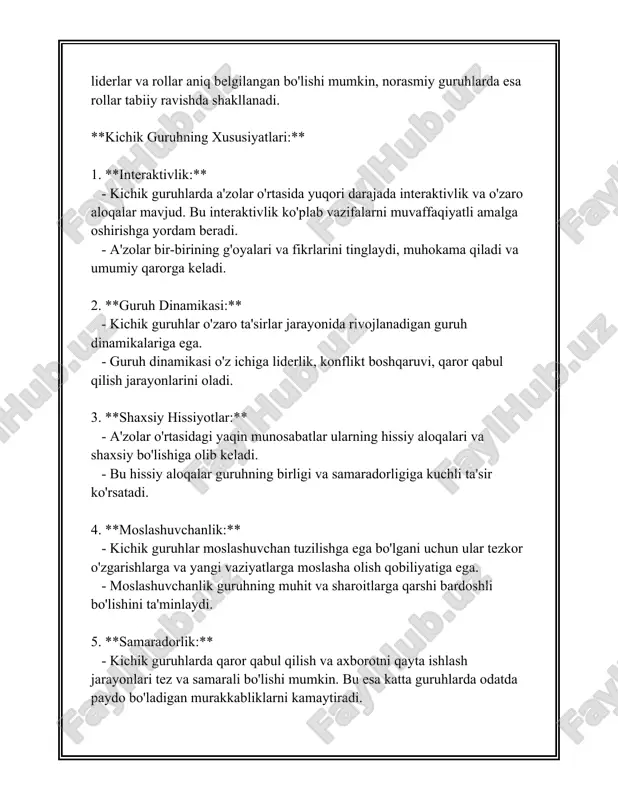 a'zolarning qat'iy jihatdan va aniq maqsadlarga yo'naltirilgan qarorlar qabul qilishlariga yordam beradi. bu esa qaror qabul qilish samaradorligini 15% gacha oshirish imkonini beradi. 8. **ishonchni oshirish**: liderlik ishonchni 35% gacha oshirishi mumkin. ishonchli liderlar guruh a'zolari o'rtasidagi aloqalarni o'rnatadi, bu esa ichki birlik va ishonch darajasining oshishiga olib keladi. ushbu raqamlar va faktlar kichik guruhlarda liderlikning qanday muhim rol o'ynashini ko'rsatadi. kuchli liderlik nafaqat guruhning samaradorligini oshiradi, balki a'zolar o'rtasidagi kommunikatsiya, motivatsiya va ishonchni ham mustahkamlaydi. har bir jamoada liderlikning to'g'ri amalga oshirilishi guruh maqsadlariga erishishni ta’minlashda hal qiluvchi omil hisoblanadi. 3. guruh a'zolari o'rtasidagi kommunikatsiya 3. guruh a'zolari o'rtasidagi kommunikatsiya juda muhim mavzulardan biri hisoblanadi. ushbu mavzu doirasida guruh a'zolari o'rtasidagi muvaffaqiyatli aloqa tizimlari va strategiyalari haqida manbalar va tadqiqotlardan olingan ma'lumotlarni ko'rib chiqamiz. 1. **kommunikatsiya jarayonlari**: guruh ichidagi aloqa odatda maqsadlarga qarab turli xil usullarda amalga oshiriladi. tadqiqotlar shuni ko'rsatdiki, guruh a'zolari o'rtasidagi samarali kommunikatsiya muvaffaqiyatli jamoaning poydevoridir. …