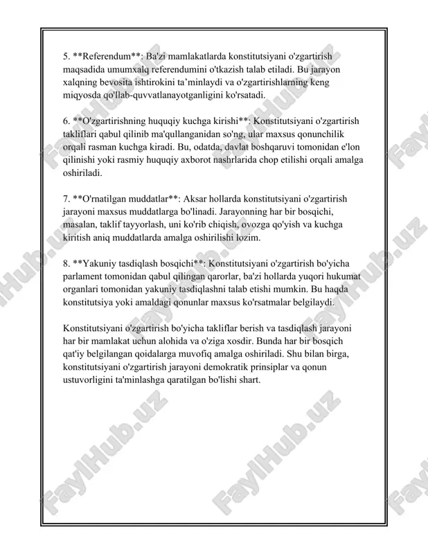 i qabul qilish, mavjud qonunlarni o'zgartirish va davlat idoralarining faoliyatini yangi talablar asosida qayta tashkil etishni o'z ichiga oladi. o'zgartirishlarning samaradorligini ta'minlash uchun ularning bajarilishi ustidan muntazam nazorat olib boriladi. konstitutsiyaviy o'zgartirishlar loyihasi tayyorlash jarayonida ko'p miqdorda inson resurslari va boshqa manbalar safarbar etiladi. loyihani muvaffaqiyatli yakunlash uchun tahliliy materiallar, ekspertlash xulosalari va jamoatchilik fikrlari keng o'rganilib, tahlil qilinadi. yevropada xavfsizlik va hamkorlik tashkiloti (yxxht) va boshqa xalqaro tashkilotlarning ekspertlari ham qimmatli tavsiyalar berishadi. yuqoridagi bosqichlar fuqarolarni ishonchli davlat boshqaruviga jalb etish, fuqarolik jamiyati institutlarini mustahkamlash va jamiyatdagi turli toifalar o'rtasida ishonchni mustahkamlashga ko'maklashadi. bular konstitutsiyaviy o'zgartirishlar loyihasining asosiy maqsadlari hisoblanadi. bugungi kunda ko'plab davlatlar rivojlanish strategiyasini amalga oshirishda ushbu jarayonlarga alohida e'tibor qaratmoqda. 3. o'zgartirishlarni parlamentda muhokama qilish tartibi albatta, quyidagi ma'lumotlar "o'zgartirishlarni parlamentda muhokama qilish tartibi" mavzusi doirasida keltirilgan: 1. **o'zbekiston respublikasi qonunchiligi asosida o'zgartirishlarni kiritish tartibi:** o'zbekiston respublikasi parlamenti – oliy majlis, qonun loyihalari va ular bo'yicha …