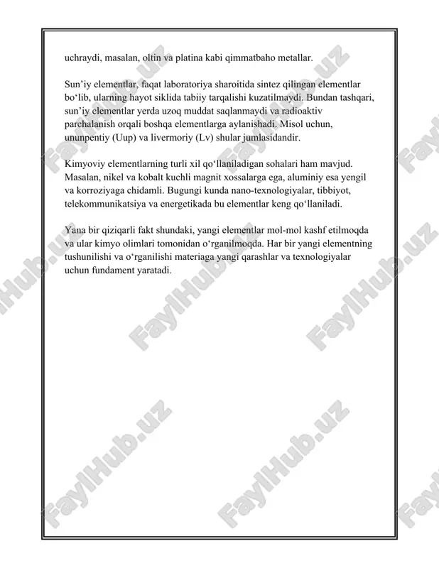 sillar aminokislotalardan tashkil topgan zanjirlar bo'lib, ular hujayralar faoliyatining ko'plab tomonlarini boshqaradi. oxirgi yillarda organik kimyo fanida nanotexnologiyalar va biomateriallar kabi yangi sohalar rivojlanmoqda. misol uchun, uglerod nanotubalari va grafen materiallarning tuzilishida va elektr o'tkazuvchanlik xususiyatlarida inqilobiy o'zgarishlar qilish imkoniyatini beradi. ko'rinib turibdiki, organik birikmalar kimyo va biologiyaga oid juda ko'p masalalarni qamrab oladi va ularning tadqiqi har kuni yangilanib, kengayib bormoqda. 3. anorganik birikmalar anorganik birikmalar — bu organik bo'lmagan moddalarning katta guruhiga kiruvchi kimyoviy birikmalardir. bu turdagi birikmalar asosan, tabiatda keng tarqalgan minerallar va gazlardan iborat. anorganik kimyo aynan shu turdagi moddalarning tuzilishi, xossalari va reaksiyalarini o'rganadi. quyida anorganik birikmalar haqida ba'zi asosiy ma'lumotlarni keltirib o'tamiz. anorganik birikmalar asosan metall va metallmas elementlardan tashkil topadi. bunda anorganik moddalarning muhim qismini metall oksidlari, gidroksidlari, tuzlari va kislotali birikmalar tashkil etadi. masalan, kislotali birikmalarga xlorid kislotasi (hcl), sulfat kislota (h2so4), azot kislota (hno3) kiradi. bu birikmalar juda kuchli erituvchi xossaga …