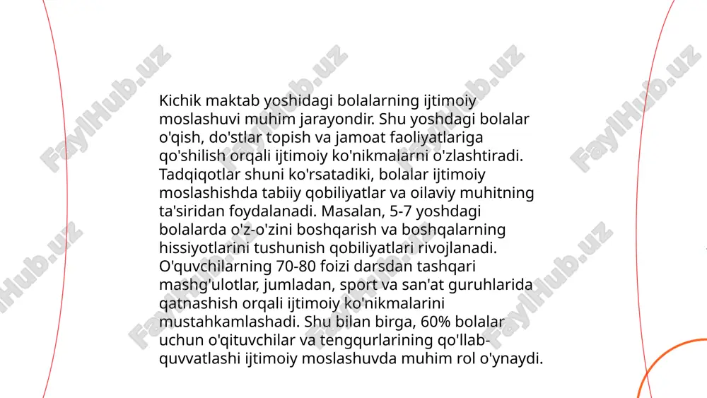 laydilar. bu jarayonda ijtimoiy muloqot muhim rol o'ynaydi, chunki ularni do'stlari va o'qituvchilarning bahosi o'z-o'zini anglash darajasiga ta'sir qiladi. tadqiqotlar ko'rsatadiki, maktab yoshi bolalarining o'zini anglash darajasi oilaviy muhit, ota-onalarning e'tibori va qo'llab-quvvatlashiga bog'liq. shu bilan birga, ijobiy ayris o'z-o'zini anglash faolligini oshiradi hamda bolalarda o'zlariga nisbatan ijobiy tasavvurlarni mustahkamlaydi. ... t.me/slaydai_bot rivojlantiruvchi o'yinlar kichik maktab yoshlari uchun muhim ahamiyatga ega, chunki ular bolalarning kognitiv qobiliyatlarini rivojlantirishga yordam beradi. tadqiqotlar shuni ko'rsatadiki, 3-6 yoshli bolalar rivojlantiruvchi o'yinlar orqali muhim mahoratlarni, masalan, muammolarni hal qilish, mantiqiy fikrlash va ijtimoiy aloqalarni yaxshilaydi. ushbu yoshdagi bolalar uchun mos keladigan o'yinlar orasida konstruktiv o'yinchoqlar, muammolarni hal qilish o'yinlari va ijodiy o'yinlar kiradi. shu bilan birga, amerikalik pedagog vygotsky ta'kidlashicha, o'yinlar bolalarning "yaqin rivojlanish zonasi"ni qo'llab-quvvatlaydi. vygotsky nazariyasiga ko'ra, bolalar erkin o'yinlar orqali o'z imkoniyatlarini kengaytiradi va yangi bilimlarni egallaydi. ... t.me/slaydai_bot 10. kichik maktab yoshidagi bolalarda stress va uning oldini olish kichik maktab yoshidagi …