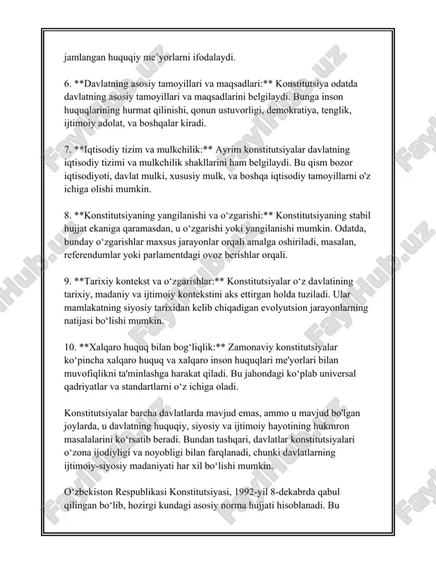 mavjudligini va ularning vakolatlarini belgilab beradi. 5. **demokratiya asoslarini belgilash**: konstitutsiyalar ko'pincha davlatdagi xalq hokimiyatini ta'minlash uchun demokratik jarayonlarni belgilab beradi. bunga saylov tizimi, saylov huquqi va siyosiy partiyalar faoliyati kabi elementlar kiradi. demokratik tizim vositasida fuqarolar o'z vakillarini saylash va davlat siyosatiga ta'sir o'tkazish huquqiga ega bo'ladilar. 6. **xalqaro majburiyatlar**: konstitutsiya ko'pincha davlatning xalqaro arenadagi majburiyatlariga ham urg'u beradi. u inson huquqlari, ekologik masalalar va boshqa xalqaro standartlarga rioya qilish to'g'risidagi siyosiy majburiyatlarni o'z ichiga olishi mumkin. 7. **mustaqillik va suverenitetni himoya qilish**: konstitutsiya davlatning mustaqilligi va suverenitetini belgilab beradi. u davlatning hududiy yaxlitligini va siyosiy mustaqilligini ta'minlashga yordam beradi va har qanday tashqi aralashuvlardan himoya qiladi. 8. **iqtisodiy sistema**: bozor iqtisodiyotiga yoki rejalashtirilgan iqtisodiyotga asoslangan iqtisodiy tuzilmani ko'pincha konstitutsiya muvofiqlashtiradi. u davlatning iqtisodiy faoliyatdagi rolini va mulkchilik huquqlarini belgilaydi. 9. **madaniy va ma’naviy rivojlanish**: ko'pgina konstitutsiyalar madaniy merosni saqlash va rivojlantirish, ta'lim olish huquqi va ma’naviy boyliklarni himoya …
