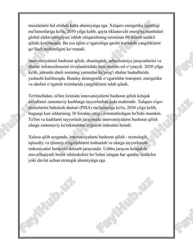 iyatiga ega bo'lishadi. jarayon innovatsiyalari esa samaradorlikni oshirish, ishlab chiqarish xarajatlarini kamaytirish va sifatni yaxshilash orqali foydani oshishiga olib keladi. 4. **innovatsiyaning iqtisodiy va ijtimoiy ta'siri**: innovatsiyalar mamlakatning iqtisodiy rivojlanishiga katta hissa qo'shadi. jahon iqtisodiyotida innovatsiyalar ulushi ortib borar ekan, ilg'or texnologiyalar ishlab chiqarilishi va yangi xizmat turlari yaratilishi orqali iqtisodiy o'sishga imkon beradi. shuningdek, innovatsiyalar o'zlaridan keyingi avlodlar uchun qulay sharoit yaratishni ta'minlaydi va ushbu jarayonda yangi ish o'rinlari tashkil etiladi. 5. **innovatsion faoliyatning asoratlari**: innovatsiyalarni joriy etish jarayonida ba'zi qiyinchiliklar mavjud. misol uchun, texnologik o'zgarishlarga moslashishda qiyinchiliklar, xodimlar uchun yangi ko'nikmalarni o'zlashtirish zarurligi, xilma-xil moliyaviy resurslar zaruriyati kabilar. shu bilan birga, innovatsiyalar ko'pincha qilingan sarmoyaning darhol samarasini ko'rsatmasligi, uzoq muddatli strategik yo'naltirilganlikni talab qilishi qiyinchilik tug'diradi. korxonalarda innovatsion strategiyalarning muvaffaqiyatli tatbiqi uzoq muddatli istiqbolga ega ekanligini ko'rsatadi. shu sababli korxonalar bu borada aniq rejalashtirish va strategik qarorlar qabul qilishlari darkor. innovatsion strategiyalarni amalga oshirish orqali korxonalar nafaqat o'z …