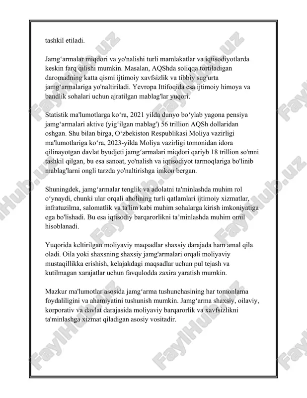 darajada farq qilishi mumkin. 6. **qimmatli metallarga investitsiya**: oltin, kumush, platina singari qimmatli metallarga sarmoya kiritish ham jamg'arma turi hisoblanadi. ushbu metallarning narxi odatda iqtisodiy noaniqlik davrida yuqori bo'ladi. ushbu jamg'arma turi inflyatsiyadan himoya sifatida ko'rilishi mumkin. 7. **aksiyalar va obligatsiyalar**: o'zbekiston va xalqaro bozorlarida aksiyalar va obligatsiyalar sotib olish orqali ham jamg'arma yaratish mumkin. aksiyalar dividendlar va kapital o'sish orqali daromad keltirishi mumkin. obligatsiyalar esa odatda fiksirlangan foizlar orqali barqaror daromad manbai hisoblanadi. 8. **crowdfunding platformalari**: so'nggi yillarda, turli crowdfunding platformalari orqali ham jamg'arma tashkil etish ommalashmoqda. ushbu platformalar orqali jamoalar kichik investorlarni jalb qilib, loyihalarni moliyalashtirishga urinadilar. bu investorlar kichik miqdorda pul qo'shadi va loyihaning muvaffaqiyatiga bog'liq ravishda daromad oladilar. jamg'arma turlarining har biri o'ziga xos risk darajasiga, likvidlik darajasiga va kutilayotgan daromad koeffitsiyentine ega. shuning uchun, fuqaro yoki tashkilot har bir turdagi jamg'arma vositasining balansini o'rab, ularning moliyaviy maqsadlari va toqatqiluvchi riskiga mos ravishda qaror qilishlari tavsiya …