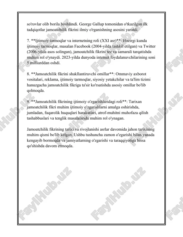 n. masalan, ba'zi davlatlarda aholi hukumat ishi yoki siyosiy partiyalar haqida ko'proq ochiqcha fikr bildirishsa, boshqa davlatlarda esa bu narsa cheklangan bo'lishi mumkin. bunday hollarda jamoatchilik fikrini so'rovlar orqali emas, balki boshqaruv tizimiga bo'lgan munosabatlar yoki noroziliklarni o'rganish orqali tushunish mumkin bo'ladi. jamoatchilik fikri tadqiqotlari natijalari faqat ommaviy axborot vositalariga taalluqli bo'lmasdan, balki siyosiy qaror qabul qilish jarayonlariga, marketing strategiyalariga, ijtimoiy loyihalarga ham katta ta'sir ko'rsatadi. shu tariqa, jamoatchilik fikri tushunchasi va uni o'rganish ijtimoiy hayotning muhim tarkibiy qismi sifatida ahamiyatga ega. 3. jamoatchilik fikrining shakllanishi jamoatchilik fikrining shakllanishi — bu jamiyatdagi turli ijtimoiy guruhlar va individlarning dinga, siyosatga, iqtisodiyotga va boshqa ijtimoiy muammolarga bo'lgan munosabatlarini ifodalaydi. u turli omillar ta'sirida shakllanadi hamda bu jarayonda ommaviy axborot vositalari va boshqa axborot manbalari asosiy rol o'ynaydi. jamoatchilik fikrining shakllanishida ommaviy axborot vositalari — gazeta, radio, televizor va internet resurslari asosiy rol o'ynaydi. o'zbekiston statistika qo'mitasi ma'lumotiga ko'ra, 2020 yilda o'zbekistonda 14 …