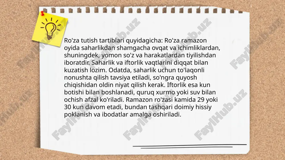 dan biri sifatida belgilangan. ushbu oyda qur'on oyatini o'qish va anglash musulmonlar uchun katta savob va xayr hisoblanadi. ... t.me/slaydai_bot tarovih namozi ramazon oyida musulmonlar tomonidan kechasi o'qiladigan ixtiyoriy ibodatdir. u asosan 20 rakatdan iborat bo'ladi, lekin ba'zi joylarda 8 rakat o'qiladi. tarovih namozi xufton namozidan keyin jamoat bilan o'qiladi va bu ramazon oyining har kechasida davom etadi. ushbu namoz sunnat bo'lib, uni payg'ambar muhammad (s.a.v.) ham ado etganlar. tarovih namozining maqsadi ramazon oyida bandaning allohga yaqinlashishi va qur'oni karimni xatm qilishga yordam berishdir. tarovih namozi musulmon jamiyatlarida birlik va jamoatchilik ruhini mustahkamlashga katta hissa qo'shadi. ... t.me/slaydai_bot ro'za (ramazon oyi) musulmonlar uchun eng muhim ibodatlardan biri bo'lib, taqvonin asosiy ko'rsatkichidir. ro'za tutilishi davomida 29 yoki 30 kun davomida ertalabdan kechgacha ovqat yeyish va ichishdan tiyiladilar. bu vaqt ichida namoz, qur'on o'qish va duolar ko'paytiriladi. ro'za faqat ovqat va ichimlikdan tiyilish emas, balki nafsni poklash, sabr-toqat va irodani mustahkamlash uchun …