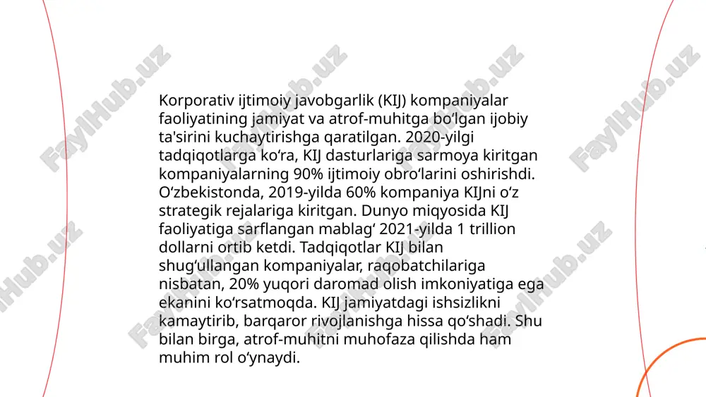 barqaror rivojlanishni rag‘batlantiradi. jahon bankining ma'lumotlariga ko‘ra, ijtimoiy mas'uliyatli amaliyotlar korxonalar uchun 10-20% ga yuqori rentabellikni ta'minlashi mumkin. ijtimoiy javobgarlikni oshirish orqali, 2030 yilga borib barqaror rivojlanish maqsadlariga erishish imkoniyatlari ortadi. shu bilan birga, global kompaniyalarning 70% dan ortig‘i ijtimoiy javobgarlik hisobotlarini taqdim etadi. bu esa ijtimoiy va ekologik masalalarga e’tiborni kuchaytiradi. ... t.me/slaydai_bot korporativ ijtimoiy javobgarlik (kij) kompaniyalarning jamiyat oldidagi mas'uliyatini ifodalaydi. kijga e'tibor qaratgan kompaniyalar xodimlarning motivatsiyasini oshirishi mumkin. tadqiqotlar shuni ko'rsatadiki, 70% xodimlar ijtimoiy mas'uliyatli kompaniyada ishlashni ko'proq xohlashadi. yana bir tadqiqotga ko'ra, bunday korporatsiyalarda xodimlarning qoniqishi 13% ga oshadi. kij dasturlari xodimlarga jamoat ishlari bilan shug'ullanish imkonini berib, ishonch va sodiqlikni kuchaytiradi. o'zbekiston kompaniyalari bu yo'nalishda o'z kij strategiyalarini kuchaytira oladi va xalqaro tajriba asosida o'z xodimlarini qo'llab-quvvatlashi mumkin. ... t.me/slaydai_bot 10. ijtimoiy javobgarlik va axloqiy biznes amaliyotlari ijtimoiy javobgarlik va axloqiy biznes amaliyotlari kompaniyalar tomonidan ijobiy ta'sir ko'rsatishni maqsad qilgan faoliyat va strategiyalarni o'z ichiga …