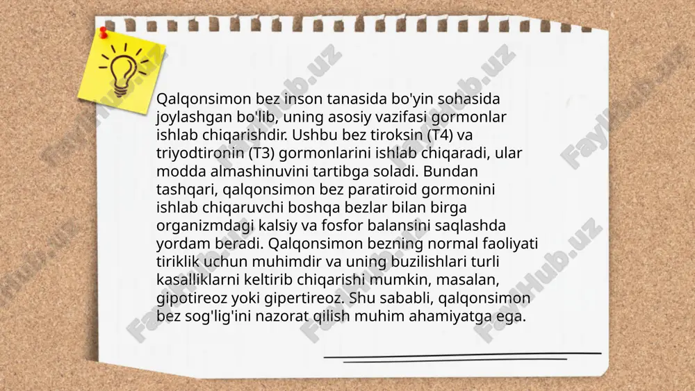 me/slaydai_bot endemik bo'g'ma (zob) kasalligi asosan yod yetishmovchiligi bilan bog'liq bo'lib, qalqonsimon bezning kattalashishi bilan xarakterlanadi. dunyoda taxminan 1,5 milliard kishi yod yetishmovchiligi xavfi ostida, ularning 200 milliondan ortig'i zob bilan aziyat chekadi. o'zbekistonda ham bu muammo dolzarb bo'lib, aksariyat tog'li va suvdan yod yetishmaganda yodlangan tuz iste'mol qilinadi. davlat dasturlari orqali yodlangan tuz tarqatilishi masalalari ko'rib chiqiladi. yod yetishmovchiligi bolalarda aqliy rivojlanish qiyinchiliklari va kattalarda qalqonsimon bez kasalliklariga olib kelishi mumkin. profilaktika uchun yod miqdorini nazorat qilish muhim. ... t.me/slaydai_bot 10. gipofiz gormonal kasalliklari gipofiz bezi organizmning gormonal muvozanatini saqlashda muhim rol o‘ynaydi va bir qator kasalliklar bu bezning funksiyasiga ta'sir ko‘rsatishi mumkin. gipofiz gormonal kasalliklari orasida akromegaliya (gormon o‘sishining haddan tashqari ko‘payishi), prolaktinoma (qon plazmasida prolaktin darajasining oshishi), va gushing sindromi (kortizolning yuqori darajada ishlab chiqarilishi) mavjud. ushbu kasalliklar turli yoshdagi odamlarda uchrashi mumkin bo‘lib, simptomlari har xil bo‘ladi. masalan, akromegaliyada yuzi va qo‘l-oyoqlarning kattalashuvi kuzatiladi. davolash usullariga …