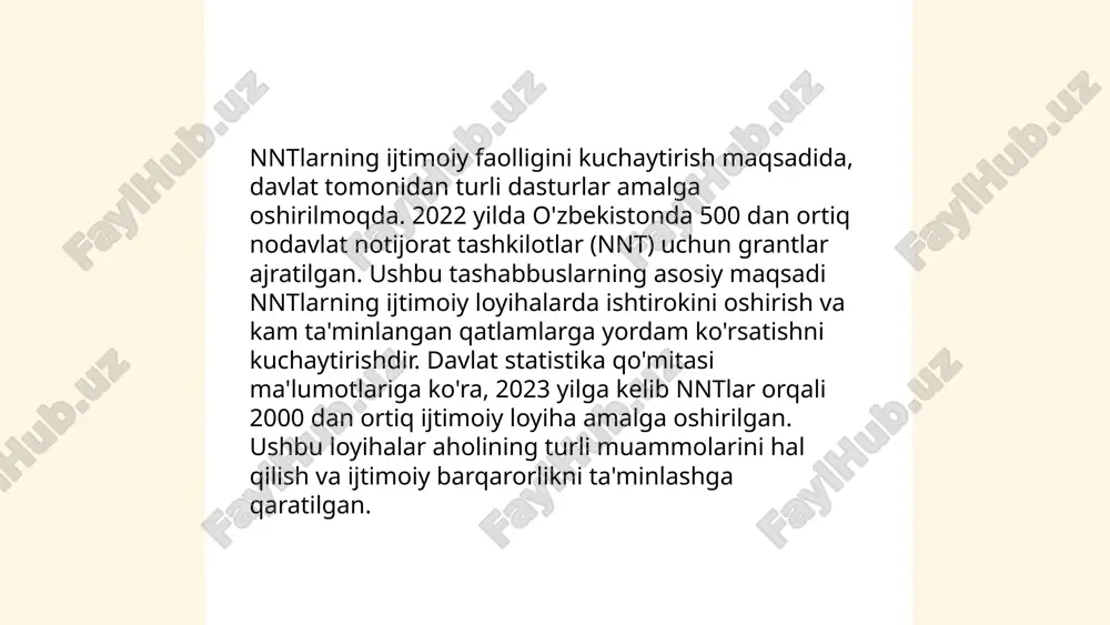 n ortiq trening va seminarlar tashkil etiladi. o'zbekiston respublikasi hukumati 2025-yilga qadar fuqarolik jamiyati institutlari bilan hamkorlik loyihalariga qariyb 50 million aqsh dollariga teng mablag' ajratishni rejalashtirmoqda. ushbu tashabbuslar orqali so'nggi yillarda davlat va nodavlat sektorlari o'rtasidagi ishonch 30% ga ortdi. ... t.me/slaydai_bot fuqarolik jamiyati faoliyatida axborot-kommunikatsiya texnologiyalaridan (akt) foydalanish yanada samarali va shaffof jarayonlarni ta’minlaydi. o‘zbekiston aholisining 80% dan ortig‘i internet tarmog‘iga kirish imkoniyatiga ega bo‘lib, bu jamiyat ishiga keng ommaning jalb qilinishiga yordam beradi. jamoatchilik nazorati va ishtirokini ta’minlovchi elektron platformalar fuqarolar fikrini olish va jarayonlarga qo‘shilish uchun yo‘l ochadi. ma’lumotlarga ko‘ra, hukumatning aktga yo‘naltirilgan dasturlari natijasida davlat xizmatlarining 50% ga yaqini onlayn shaklda taqdim etilmoqda. bu raqamli yechimlar fuqarolik jamiyatini mustahkamlashda asosiy rol o‘ynaydi. ... t.me/slaydai_bot 10. fuqarolik va siyosiy huquqlarni himoya qilish fuqarolik va siyosiy huquqlar bmtning "fuqarolik va siyosiy huquqlar to'g'risida xalqaro pakt"iga (1966) muvofiq himoya qilinadi. ushbu huquqlar orasida shaxsiy erkinlik, adolatli sud jarayoni, …
