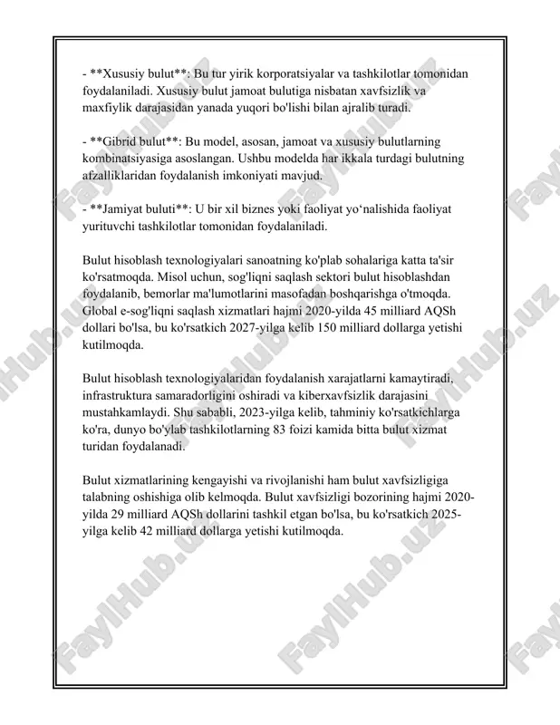 gi ma'lumotlarni me'yorlashtirish**: bugungi kunda yaratilyotgan ma'lumotlar miqdori ulkan. idc kompaniyasining prognozlariga ko'ra, 2025 yilga kelib jahonda yaratilyotgan ma'lumotlarning umumiy miqdori 175 zettabaytga yetadi. shu sababli, bulutli saqlash xizmatlari keng ma'lumot saqlash talablariga javob berish uchun zarur. 8. **ishonchlilik va texnik xizmat ko'rsatish**: bulut saqlash xizmatlari odatda yuqori darajada ishonchli bo'lib, ibm cloud yoki oracle cloud kabi kompaniyalar tomonidan past kechikish va yuqori vaqt davomiyligi kafolatlanadi. texnik xizmat ko'rsatish bilan bog'liq qiyinchiliklar esa xizmati ko'rish kontraktlariga asoslangan holda xizmat provayderlari tomonidan hal etiladi. 9. **ko'p tarmoqli xizmatlar integratsiyasi**: bulutli ma'lumotlar saqlash turli dasturlar va operatsion tizimlar bilan integratsiyalanadi. masalan, amazon s3 xizmati ko'plab platformalar va dasturlar bilan integratsiyadan o'tish imkonini beradi. 10. **laqillab ketish imkoniyatini kamaytirish**: bulut texnologiyalari xizmatlarda uzilishlar darajasini kamaytirib, yuqori yuklash davrida avtomatik moslashuvchanlik imkoniyatini taqdim etadi. bu ko'plab imkoniyatlar va afzalliklar bugungi kunda millionlab foydalanuvchilar va minglab kompaniyalarni bulutli ma'lumotlar saqlash texnologiyalaridan foydalanishga undamoqda. 3. bulutli …