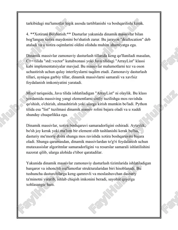 uchun asosiy e'tibor qaratilishi kerak bo'lgan narsa – ushbu jarayonlar fon xotira vaqti va qobiliyatlaridan qanday foydalanishini tushunishdir. python dasturlash tili bo'yicha esa `list` obyekti dinamik massiv sifatida ishlaydi. python uchun ham xuddi javada bo‘lgani kabi sxema bo‘yicha massivlar hajmi oshiriladi. masalan, pythonning qayta o'sish tizimi odatiy holatda belgilangan hajm tugaganda mavjud hajmning 1.125 (1/8) qismi hisobida o'sirilishi mumkin. shu sababli, python list tuzilmasi ma'lumotlarga qo'shimcha kiritish va qaytarish operatsiyalarida yengilroq va qulayroq bo'ladi. dinamik massivlar ma'lumotlarni saqlash va ularga tez kirish imkoniyatini ta'minlash sifatida keng qo'llaniladi. ular, ayni paytda massivdan ma'lumot olib tashlash yoki ularni kiritish zarur bo‘lib turganda juda mos keladi. xususan, katta hajmdagi ma'lumotlar bilan ishlashda, massivning ortiqcha hajm yoki kamlik muammosi mavjud. ko‘rinib turibdiki, turli dasturlash tillarida turlicha, ammo mohiyatiga ko‘ra o‘xshash dinamik massivlar tushunchasi mavjud. dasturchilar uchun eng muhim vazifalardan biri – yangi elementlar kiritilganda yoki mavjudlari olib tashlanganda, sig‘imni qanday boshqarishni bilishdir, sababi, bu …