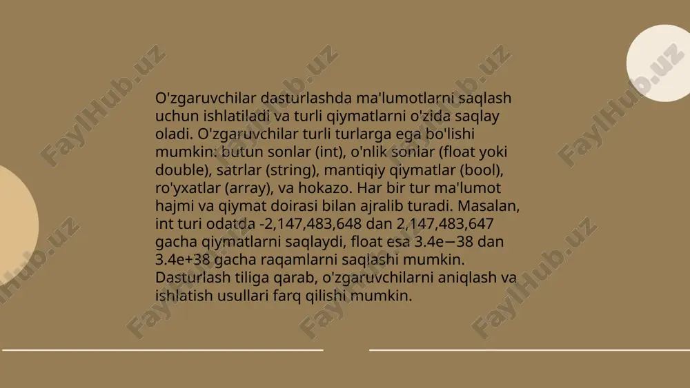 tillarida funksiyalar va parametrlarning turli sintaksislari mavjud. masalan, python tilida funksiyalar `def` orqali aniqlanadi. funksiyalarni to'g'ri chiqarish va ishlatilishi dasturning samarali va sodda bo'lishini ta'minlaydi. o'zgartirishlar va qayta ishlatiluvchanlik kodni optimallashtirishga yordam beradi. ... t.me/slaydai_bot 10. kiritish-chiqarish (i/o) kutubxonalari kiritish-chiqarish (i/o) kutubxonalari kompyuter tizimlarida ma'lumot almashishni ta'minlaydigan dasturiy ta'minot komponentlaridir. ushbu kutubxonalar turli qurilmalardan ma'lumotlarni qabul qilish yoki ularga ma'lumotlar uzatishda ishlatiladi. masalan, c dasturlash tilida `stdio.h` kutubxonasi tez-tez ishlatiladigan i/o operatsiyalarini, masalan, `printf` va `scanf` funksiyalarini taqdim etadi. linux operatsion tizimida esa `unistd.h` va `fcntl.h` kabi fayllarni boshqarish uchun ishlatiladigan kutubxonalar mavjud. ma'lumotlar uzatilishidagi tezlik va samaradorlik ushbu kutubxonalar tomonidan aniqlanishi mumkin. i/o operatsiyalari, odatda, tizim resurslarining samaradorligini oshirish uchun buferlash texnikalaridan foydalanadi. ... t.me/slaydai_bot kodni modullashtirish dasturiy ta'minotni tashkil etishda muhim yondashuvdir. modullashtirish orqali kod kichik, boshqariluvchi qismlarga ajratiladi, bu esa o'qilishi va xarid qilishni osonlashtiradi. modul — bu mustaqil ishlab chiqilgan va sinovdan o'tkazilgan dasturiy blok. 1970-yillarning …