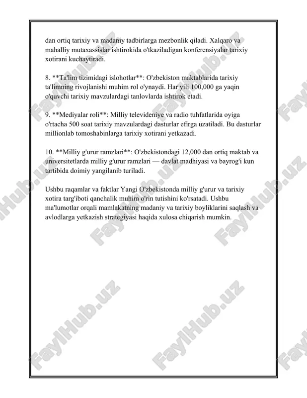 shuvlarni ochib beradi. shu jarayonda oʻzbekistonda olib borilayotgan ilmiy, amaliy va madaniy hatti-harakatlar natijasida jamiyatimizda til va adabiyotning mavqei yanada mustahkamlanib bormoqda. 3. ma'naviyat va ma'rifat tadbirlarining o'sishi ma'naviyat va ma'rifat jamiyat hayotida muhim o‘rin tutadi va ularning rivojlanishi orqali insonlar ongini yuksaltirish, milliy g‘ururni oshirish hamda madaniy zaminga energiya bag'ishlash mumkin. shu sababli o‘zbekistonda ma'naviyat va ma'rifat sohasidagi tadbirlarning o‘sishi va ularning ahamiyati katta e’tiborga sazovor. ma'naviyat va ma'rifat tadbirlarining o‘sishi ko‘p jihatdan davlat tomonidan berilgan qo‘llab-quvvatlash va muayyan strategiyalar orqali amalga oshirilmoqda. 2017 yilda o‘zbekiston respublikasi prezidenti shavkat mirziyoyev tomonidan "ma'naviyat va ma'rifat sohasini rivojlantirish to'g'risida" qaror qabul qilindi. ushbu qaror doirasida ma'naviyat va ma'rifatning jamiyatdagi o‘rni va ahamiyatini oshirish, aholi ongida milliy g‘urur va ma'rifat o‘stdirishga qaratilgan chora-tadbirlar belgilandi. 2019 yilda respublikada "ma'naviyat va ma'rifat markazi" tashkil etildi. bu markazning asosiy vazifasi milliy-madaniy merosni asrash, yuksaltirish va targ‘ib qilishdan iborat. markaz tomonidan har yili o‘nlab konferensiyalar, seminarlar …
