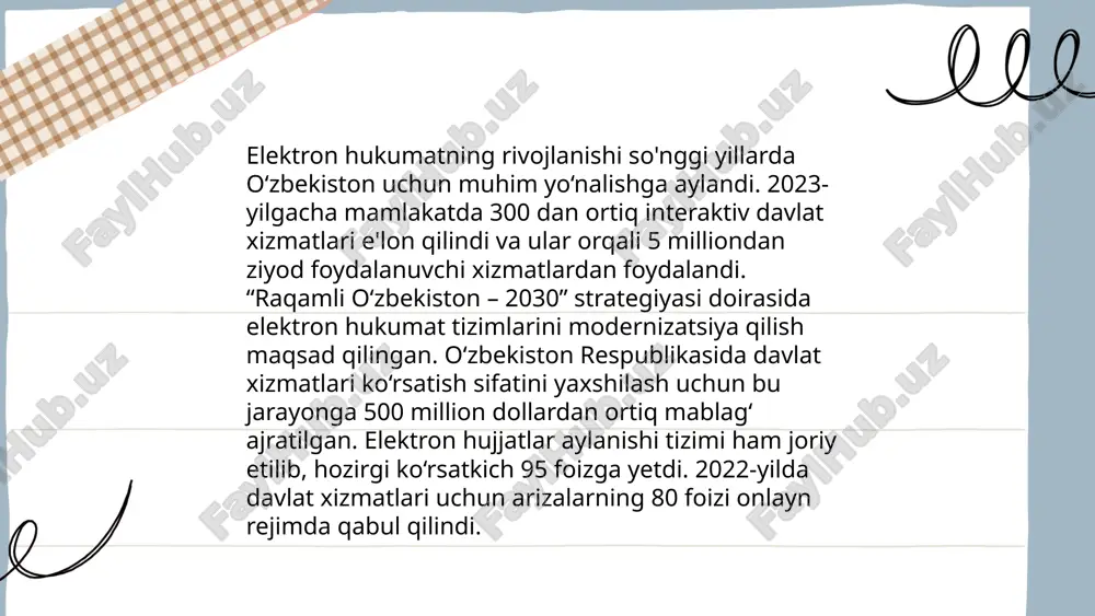 ga qisqardi. elektron hukumat dasturi davlat va xususiy sektor o'rtasida samaradorlikni oshirishga qaratilgan katta qadam bo'ldi. ... t.me/slaydai_bot fuqarolarning elektron xizmatlarga kirish huquqi oʻzbekiston respublikasi qonunchiligi va davlat siyosatida muhim oʻringa ega. aholi uchun davlat portali my.gov.uz orqali 200 dan ortiq elektron xizmatlar taqdim etiladi. 2022-yilda ushbu platformadan foydalanish soni 4 milliondan oshdi. elektron xizmatlar har bir shaxsga hujjatlarni rasmiylashtirish, toʻlovlarni amalga oshirish va turli maʼlumotlarni olish imkonini beradi. milliy axborot-kommunikatsion infratuzilma rivojlanayotganligi sababli, internet xizmatlaridan foydalanuvchilar soni 22 millionga yetdi. davlat xizmatlari koʻrsatilishining elektron shakli fuqarolar vaqtini tejash va qulaylik yaratishga qaratilgan. ... t.me/slaydai_bot 10. elektron davlat xizmatlarining tartibi va qoidalari elektron davlat xizmatlari o'zbekistonda 2015-yildan e’tiboran keng qo'llanila boshlandi. fuqarolar va tadbirkorlik subyektlari uchun qulaylik yaratish maqsadida 2018-yilda my.gov.uz portali ishga tushirildi. ushbu portal orqali 200 dan ortiq xizmatlar ko'rsatiladi, jumladan, soliq deklaratsiyalari topshirish, biznesni ro'yxatga olish, va turli guvohnomalarni olish mumkin. portaldan foydalanuvchilar soni 2022-yil holatiga ko'ra …
