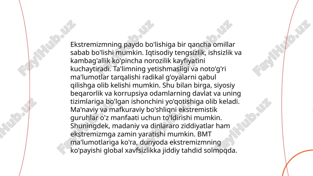 buzilishi jamiyatda norozilikni kuchaytiradi. o‘zini siyosiy sistemadan chetda his qilgan guruhlar ekstremistik harakatlarga moyil bo‘lishi mumkin. 2000-yillardan keyin mintaqaviy ziddiyatlar, masalan, yaqin sharqda aqsh intervensiyasi va arab bahori, diniy ekstremizmning kuchayishiga olib keldi. siyosiy vakuum va boshqaruvsizlik, masalan, suriyada fuqarolar urushi, ekstremistik tashkilotlarning maydonga chiqishiga imkon yaratdi. shu sababli, siyosiy barqarorlik va inkluziv boshqaruv tizimlari diniy ekstremizmga qarshi muhimdir. ... t.me/slaydai_bot yoshlar orasida diniy ekstremizmga moyillik global muammo bo‘lib, ba'zi tadqiqotlar shuni ko‘rsatadiki, dunyo bo‘ylab ekstremistik guruhlarga qo‘shilayotganlarning 70 foizga yaqini yoshlar. o‘zbekiston hukumati yoshlarda bunday moyillikni kamaytirish uchun ma’rifat va ta'lim dasturlariga katta e'tibor bermoqda. 2015-2020 yillarda diniy ekstremizm bilan bog‘liq holatlarning 30 foizi yoshlar ishtirokida qayd etilgan. bmt ma’lumotlariga ko‘ra, markaziy osiyodagi aksil-terror tadbirlari yoshlarning ijtimoiy-iqtisodiy muammolarini hal qilishga qaratilgan. statistika ko‘rsatishicha, yoshlar orasida diniy savodsizlik darajasi 45 foizdan yuqori, bu esa ekstremistik targ‘ibotning tarqalishiga zamin yaratishi mumkin. ... t.me/slaydai_bot 10. ommaviy axborot vositalarining fanatizmga ta'siri ommaviy axborot …