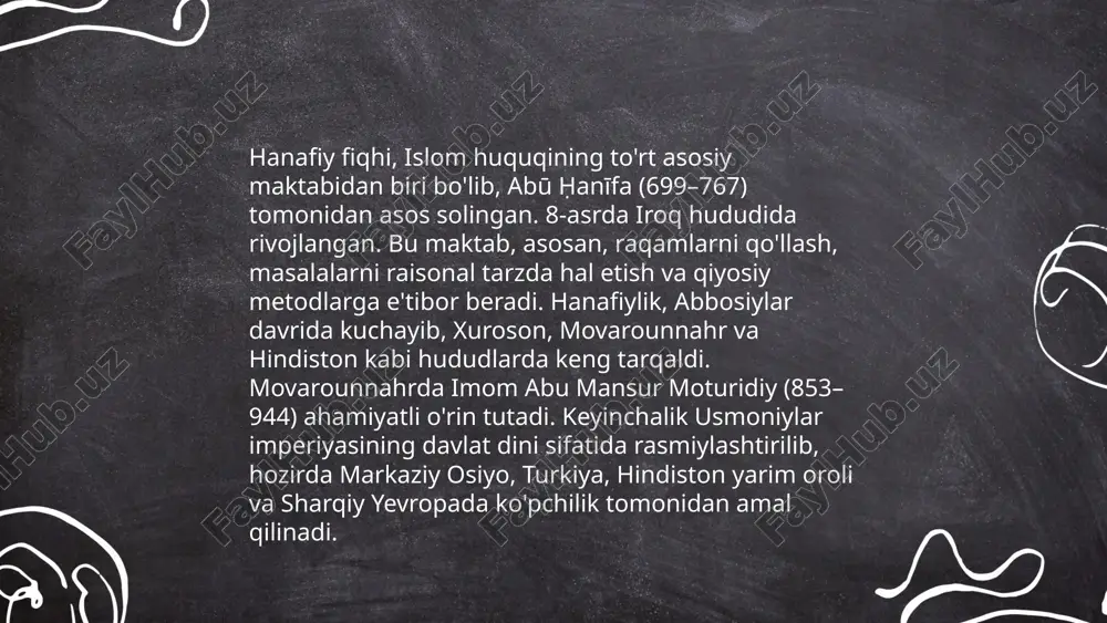burhoniddin marg'inoniy, uning "hidoya" asari hanafiy fiqhida muhim o'rin tutadi. ibn humom va al-kosoniy kabilar ham fiqhda yirik asarlar yaratgan. bu davrda fiqh ilmining tarqalishi va rivojlanishi madrasa va ilmiy markazlar orqali amalga oshirilgan bo'lib, samarqand, buxoro kabi shaharlar ilmiy faoliyatning markazlari edi. ushbu olimlarning asarlari islom dunyosida keng tarqalib, o‘rganilib kelingan. fiqh ilmi bu davrda islom huquqiy masalalarining hal qilinishida asosiy o‘rin egallagan. ... t.me/slaydai_bot 10. fiqhiy asarlar va ularning mualliflari fiqhiy asarlar islom huquqi va shariat doirasida qabul qilingan manbalar hisoblanadi. eng mashhur fiqhiy asarlar va ularning mualliflari quyidagilar: "al-mabsut" asari muallifi muhammad al-shaybani, "al-hidaya" asari muallifi burxoniddin al-marghinoni, "muxtasar al-quduri" asari muallifi abu al-husayn al-quduri, "bidoyat al-mujtahid" asari muallifi ibn rushd. bu asarlar islom fiqhi mazhablariga asos bo‘lib, hanafiya, malikiya, shofe'iya va hanbaliy mazhablariga oid qoidalarni qamrab oladi. har bir muallif o‘z mazhabi doirasida shariat qoidalarini izohlashga bag‘ishlangan kitoblarni yaratgan. ... t.me/slaydai_bot hanafiy fiqhining hududiy o'ziga xosliklari …