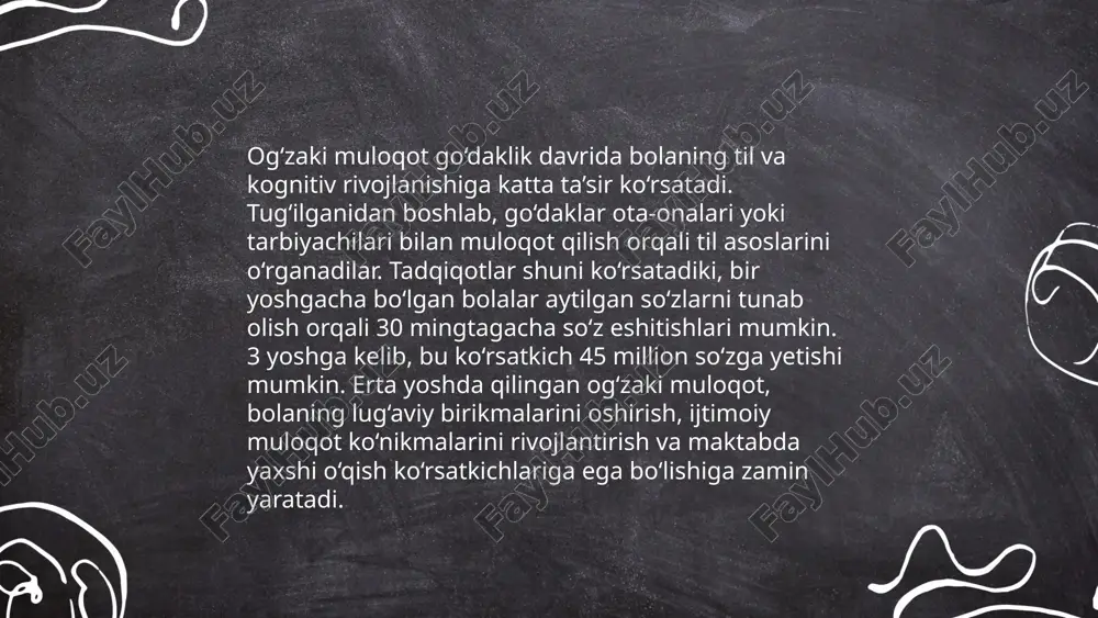 natijalarga erishish ehtimoli 50% yuqori ekanligini ko'rsatadi. ... t.me/slaydai_bot ota-onalar bilan samarali muloqot bolalarning rivojlanishi va oilaviy munosabatlarini mustahkamlashda muhim ahamiyatga ega. tadqiqotlar shuni ko'rsatadiki, muloqotning 70% ga yaqini noma'lumiy ravishda, ya'ni tana tili va ovoz intonatsiyasi orqali amalga oshiriladi. ota-onalar farzandlariga kuniga kamida 30 daqiqa sifatli vaqt ajratishi tavsiya etiladi. samarali muloqot uchun ochiq savollar berish, faol tinglash va farzand fikrini hurmat qilish zarur. har haftada kamida bir marta oilaviy uchrashuvlar o'tkazish orqali oila a'zolari o'z fikr va his-tuyg'ularini erkin ifoda etish imkoniga ega bo'lishlari mumkin. bu muloqot ko'nikmalarini yaxshilash va oilani birlashtirishga yordam beradi. ... t.me/slaydai_bot 10. go‘daklikda so‘z boyligini oshirish go‘daklikda so‘z boyligini oshirish uchun ota-onalar va pedagoglar muhit yaratishi muhim. tadqiqotlar ko‘ra, bir yoshdan besh yoshgacha bo‘lgan bolalar kuniga 20 mingdan ortiq so‘z eshitishi lozim. rivojlanayotgan miyalarining talabalarini qondirish va ularga boy va turli xildagi lug‘atlarni taqdim etish uchun bolalar bilan kitob o‘qish, qo‘shiq aytish va …