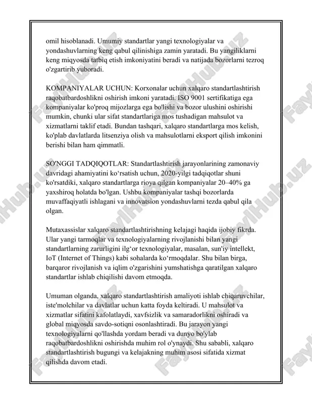 adi va mehnat jarayonida jarohatlanish xavfini kamaytiradi. iso 22000 - oziq-ovqat xavfsizligi menejmenti: oziq-ovqat sanoatida xavfsizlikni ta’minlash uchun ishlab chiqilgan bu standart oziq-ovqat xavfsizligini boshqarish tizimlariga qaratilgan. ushbu standart oziq-ovqat ishlab chiqarish va tarqatishni nazorat qilishda yetakchi vositalardan biri hisoblanadi. iso 27001 - axborot xavfsizligini boshqarish: axborot xavfsizligi bo‘yicha iso 27001 standarti axborotni himoya qilish bo‘yicha tizimli yondashuvni belgilaydi. tashkilotlarga ma'lumotlarning maxfiyligi, yaxlitligi va mavjudligini ta'minlash imkoniyatini beradi. iso 50001 - energiya menejmenti: energiya resurslarini samarali boshqarish uchun iso 50001 standartidan foydalaniladi. ushbu standart energiya samaradorligini oshirish orqali energiya iste'molini qisqartirishga yordam beradi. iso 31000 - xatarlarni boshqarish: ushbu standart xatarlarni aniqlash va tahlil qilish yondashuvini taklif etadi. tashkilotlarga yuzaga kelishi mumkin bo‘lgan xatarlardan himoyalanish yoki ularni minimallashtirish bo‘yicha ko‘rsatmalar beradi. iso 26000 - korporativ ijtimoiy mas’uliyat: tashkilotlarga ijtimoiy mas'uliyat borasida yo‘riqnoma. ushbu standart biznesning ijtimoiy, ekologik va iqtisodiy xatarlarga mas'uliyatli yondashuvini qo‘llab-quvvatlaydi. iso standartlari har bir soha uchun muayyan …