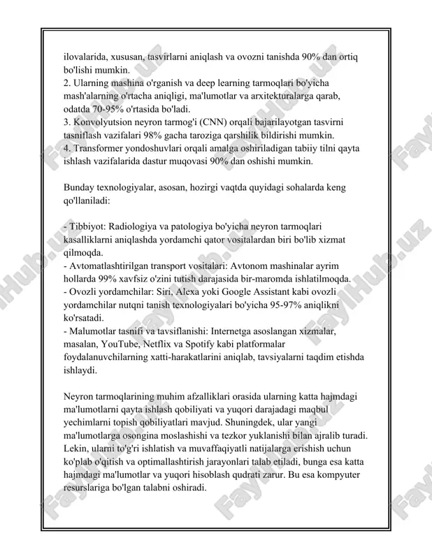 monidan har bir boshqa neyron bilan bog‘langan, lekin o‘z-o‘ziga emas. bu to‘liq bog‘langan grafik tarmoqda simmetrik vazn matritsasi ishlatiladi, unda uy-uy yuklamalari nolga teng. 2. **yozilgan ma'lumotlar:** xopfill neyron tarmog‘i jadvalda yozilgan ma'lumotlarni saqlash uchun ishlatiladi. har bir jadval bir holatini ifodalaydi va tarmoq bu holatlarni eslab qolishi mumkin. bu holatlar odatda asosan ikkilik qiymatlarda ifodalanadi, masalan, 1 va -1. 3. **energiya funksiyasi:** xopfill tarmog‘ida ishlash uchun asosiy matematik model energiya funksiyasidir. bu funksiya har bir holat uchun hisoblanadi va tarmoqning vazifasi minimal energiya holatini topishdan iborat. minimal energiya holati stabil holatdir va bu holatga erishilganda tarmoq tinchlanadi. 4. **boshqaruv mexanizmi:** xopfill tarmog‘i uzluksiz yoki diskret boshqaruv ostida ishlatilishi mumkin. diskret versiyada neyronlar ketma-ket yangilanadi, har bir yangilanishda neyronlar o‘z qabul qilish sathidan oshgan signallarni qabul qiladi va shuning asosida yangi holatni qabul qiladi. uzluksiz versiyada yangilanish odatda uzluksiz vaqt bilan belgilanadi. 5. **simmetrik vaznlar:** xopfill neyron tarmog‘ida neyronlar orasidagi …