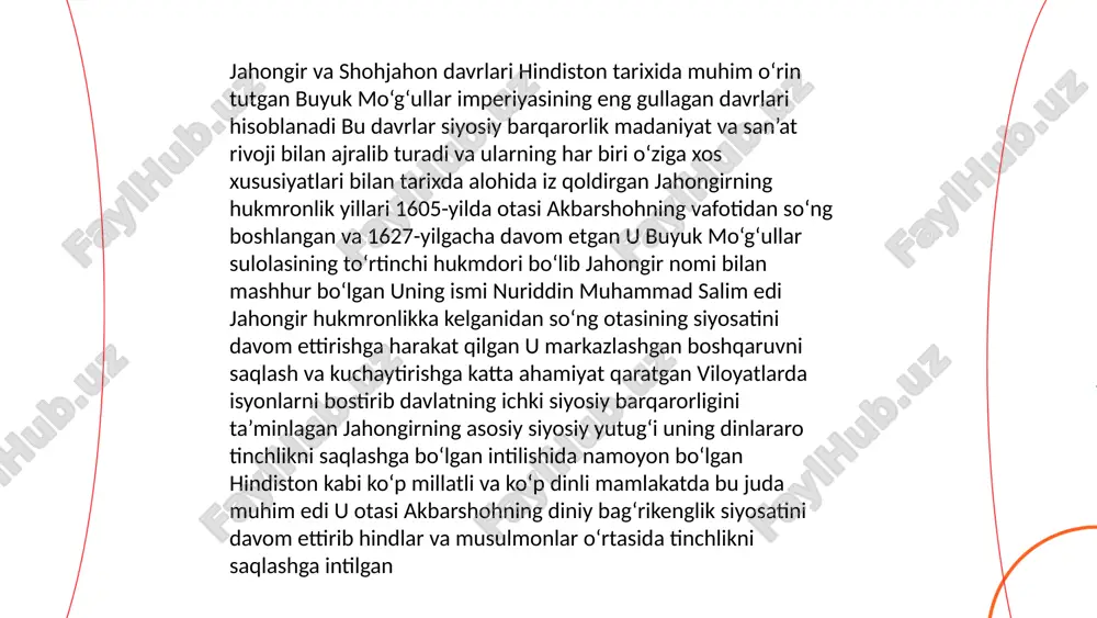 zimli ravishda davlat xazinasiga yetkazib bergan. ushbu soliq tizimi yer egaligini tartibga solib, dehqonlarni davlat oldida mas’uliyatli bo‘lishga undagan. bu tizim jahongir va shohjahon davrida ham davom ettirilib, davlat daromadlarining asosiy manbaiga aylangan. shu bilan birga imperiya ichida hunarmandchilik va sanoatning ayrim tarmoqlari ham rivojlangan. jumladan, ipak matolar, zargarlik buyumlari va yog‘och o‘ymakorligi buyuk mo‘g‘ullar davrida yuksak darajaga erishgan. ushbu mahsulotlar nafaqat ichki bozorlar, balki tashqi bozorlarda ham katta talabga ega bo‘lgan. savdogarlar va hunarmandlar uchun yaratilgan imkoniyatlar iqtisodiyotning rivojlanishiga xizmat qilgan. ... t.me/slaydai_bot 7. akbar davrida imperiyaning kengayishi akbar davrida (1556-1605) hindiston imperiyasi sezilarli darajada kengaydi. u 1556 yilda taxtga o'tirganda, imperiya faqat shimoliy hindistonda cheklangan edi. akbar panipat jangidan so'ng delhi va agrani qo'lga kiritdi. keyinchalik rajput janglarida muvaffaqiyat qozonib, rajputana hududlarini imperiyaga qo'shdi. 1576 yilda chittor jangida rajputlar mag'lubiyatga uchradi. dekkan hududlariga ham kengayishlar bo'ldi. 1590-yilda bengal va bihar, keyin esa 1601 yilda ahmadnagar ham imperiya tarkibiga …