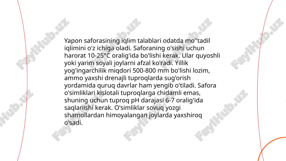 ylarida amalga oshiriladi, chunki bu davrda safora faol o'sish holatida bo'ladi. kesishning maqsadi o'simlikning umumiy balandligini 1,5 dan 2 metrga saqlashdir. har yili eski va quruq shoxlarni olish, yangi o'simlikning rivojlanishiga yo'l ochadi. shu bilan birga, simlar yordamida shoxlarni egish va kerakli shakl berish bonsai texnikasining muhim qismidir. yaponiya saforasi o'ziga xos shaklga ega bo'lib, landshaft dizaynida keng qo'llaniladi. ... t.me/slaydai_bot 10. xosil yig'ish va saqlash usullari xosil yig'ish va saqlash usullari ko'plab omillarga bog'liq. qishloq xo'jaligi mahsulotlarini yig'ishda mahsulot yetilish darajasi va ob-havo sharoitlari hisobga olinadi. masalan, meva va sabzavotlar ertalab yoki kechqurun yig'ilsa, namlik pastligi sababli saqlanishi yaxshilanadi. saqlash uchun maxsus sovutgich yoki omborxonalar kerak bo'ladi, u yerda harorat 0-4°c oralig'ida saqlanishi kerak. namlik darajasi esa odatda 85-90% bo'lishi kerak. xosilni uzoq muddat saqlash uchun vakumli qadoqlash va inert gazlar bilan saqlash usullari ham qo'llaniladi. saqlash usullarini yaxshilash orqali yo'qotishlarni 30% gacha kamaytirish mumkin. ... t.me/slaydai_bot 11. yapon …