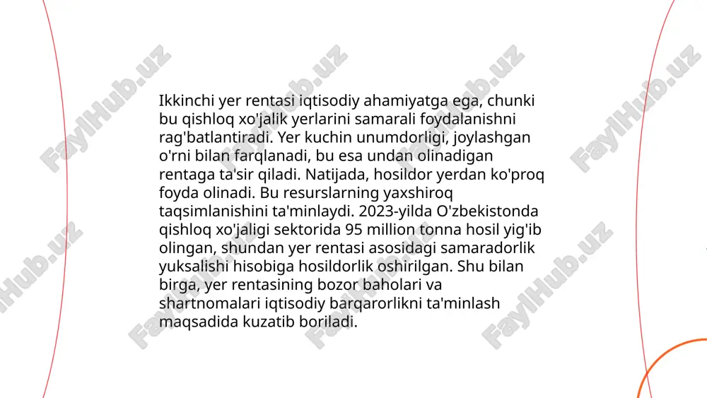 2022-yilda o‘zbekiston qishloq xo‘jaligida yer rentasi o‘rtacha 1 gektar uchun 1 million so‘mni tashkil etdi. kengroq resurs va unumdor yerdan foydalanuvchi fermerlar rentani arzimagan xarajatlar evaziga ko‘paytirish imkoniyatiga ega. yerni ijaraga berish ham iqtisodiyotni rag‘batlantiradi, bu esa optimal foydalanishni ta'minlaydi. ... t.me/slaydai_bot 10. shaharlarda yer rentasi shaharlarda yer rentasi shaharning joylashuvi, infratuzilmasi va iqtisodiy rivojlanish darajasiga qarab o'zgaradi. toshkentda, masalan, yer rentasi markaziy hududlarda har bir kvadrat metr uchun o'rtacha 10-20 dollarga yetishi mumkin. boshqa shaharlarda, masalan, samarqand yoki buxoroda, bu qiymat kamroq bo'lishi mumkin, 5-15 dollar atrofida. rentaga ta'sir qiluvchi omillar orasida transport tarmog'i yaqinligi, savdo markazlari mavjudligi, ish o'rinlari, va ijtimoiy xizmatlarning sifati kiradi. ohangaron kabi kichik shaharlarda esa rentalar sezilarli ravishda pastroq bo'lib, har bir kvadrat metr uchun 2-5 dollar oralig'ida bo'lishi mumkin. ... t.me/slaydai_bot 11. yer rentasi va ijara huquqi bo'yicha quyidagicha ma'lumot berish mumkin: ishlab chiqarish maqsadida yerni ijaraga olish uchun tegishli tashkilotga ariza topshirilishi …