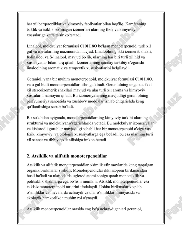 oddalar geranil pirofosfatga (gpp) birlashadi va monoterpenoid molekulasini hosil qiladi. ko'plab atsiklik monoterpenoidlar o'simliklarda himoya vazifasini bajara oladi, shu bilan birga hasharotlar va boshqa o'simlik ovqatlanuvchilariga qarshi chidamli vosita sifatida xizmat qiladi. shuningdek, ular opilqorlangan o'simliklar va arilar o'rtasidagi ekosistem aloqalarida ham muhim rol o'ynaydi. shu bilan birga, atsiklik va alifatik monoterpenoidlarning kimyoviy o'zgarishlari ham ilmiy tadqiqotlar uchun katta qiziqishga ega. ularning atrof-muhit bilan o'zaro ta'siri, o'simliklar biologiyasidagi roli va turli xil kimyoviy o'zgarishlarga bo'lgan qobiliyati ularni ekologiya va biokimyo sohasida muhim ob'ekt sifatida ko'rsatadi. ularning sanoatdagi qo'llanilishi esa farmatsevtika va kosmetika kabi sohalarda yangi istiqbollarni ochadi. 3. dorivor o'simliklarning farmakologik xususiyatlari dorivor o‘simliklar inson salomatligi uchun ko‘p asrlar mobaynida asosiy manba bo‘lib kelgan. ular tabiiy va samarali davolash vositalari sifatida foydalaniladi. bu o‘simliklarning farmakologik xususiyatlari ularni turli kasalliklarni davolashda muvaffaqiyatli qo‘llanilishiga sabab bo‘ladi. quyida ayrim dorivor o‘simliklarning farmakologik xususiyatlari haqida ma’lumotlar keltiriladi. 1. **oshqozon ko‘katlari (mentha)**: oshqozon ko‘katlari, jumladan …