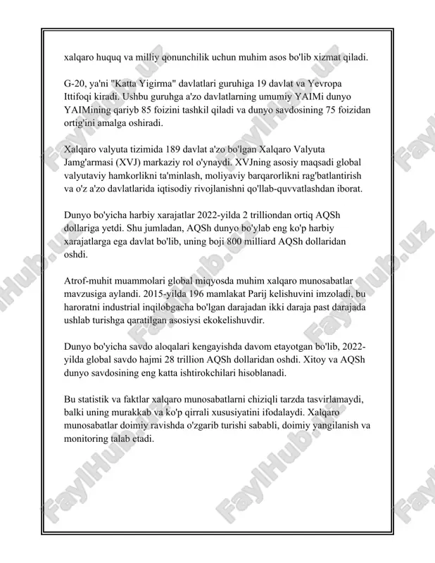 nyo miqyosida yevropa ittifoqi a'zo davlatlarning iqtisodiy va siyosiy hamkorligini mustahkamlashda yetakchi o‘rin tutadi, it ga a'zo mamlakatlar soni 2023 yil holatiga ko‘ra 27 ta bo‘lgan. #### 6. raqamli diplomatiya so‘nggi yillarda raqamli diplomatiya tobora muhim ahamiyat kasb etib, davlatlar o‘rtasidagi aloqalarni zamonaviy texnologiyalar vositasida olib borilmoqda. raqamli platformalar orqali diplomatik muloqotni kuchaytirish va madaniy almashinuvlar bu sohadagi asosiy yo‘nalishlardan biri hisoblanadi. o‘zbekistonning 2022 yil holatiga ko‘ra, bmt vazirliklari bilan raqamli diplomatiyani rivojlantirish bo‘yicha ko‘plab loyihalari mavjud bo‘lgan, bu muzokaralar va aloqalarni samarali o‘tkazishga yordam beradi. bu ma’lumotlar davlatlarning xalqaro aloqalarni qanday rivojlantirayotganini va ular orqali qaysi sohalarda muvaffaqiyatga erishayotganini ko‘rsatadi. diplomatik aloqalar global tinchlikni saqlash, ijtimoiy-iqtisodiy o‘sishni rag‘batlantirish va davlatlar o‘rtasidagi do‘stona munosabatlarni rivojlantirishda hal qiluvchi rol o‘ynaydi. 3. xavfsizlik siyosati xavfsizlik siyosati - har qanday davlat yoki tashkilot uchun muhim elementlardan biri bo‘lib, uning asosiy maqsadi ichki va tashqi tahdidlardan himoya qilish, barqarorlikni ta’minlash va fuqarolarning xavfsizligini saqlashdir. …