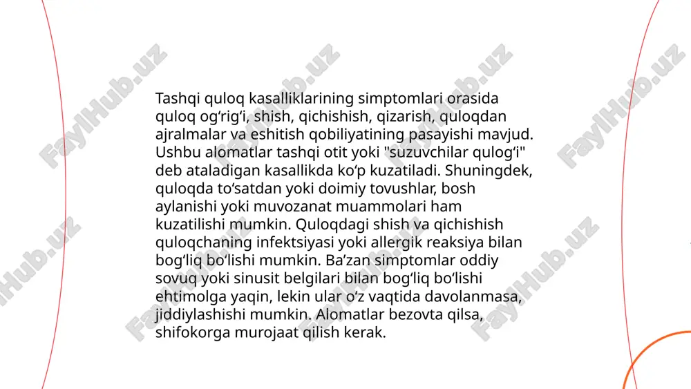 nan 709 million yangi otit media holati aniqlanadi, ulardan 51% bolalarda uchraydi. dori vositalari va ba'zan jarrohlik aralashuvi orqali davolash mumkin. ... t.me/slaydai_bot etdiyag' teshilishi va quloq pardasi shikastlanishi quloqning biror jarohati yoki infektsiyasi natijasida yuzaga kelishi mumkin. odatda, u o‘tkir og‘riq bilan kechadi va eshitish qobiliyatini vaqtincha yomonlashtirishi mumkin. statistik ma’lumotlarga ko‘ra, har yili dunyoda 1-3% odamlarda quloq pardasi teshilishi ro‘y beradi. bunday holatda, odatda tibbiy yordam va ba’zan jarrohlik aralashuv talab etiladi. jarohatning tuzalishi odatda 2-3 hafta davomida amalga oshadi, ammo ba’zi hollarda ko‘proq vaqt talab qilishi mumkin. yaxshi sharoitda, 90% hollarda pardaning tabiiy tuzilishi tiklanadi. ... t.me/slaydai_bot 10. o'rta quloqda to'plangan suyuqlik 10. o‘rta quloqda to‘plangan suyuqlikni tibbiy tilida “ekssudativ otit” deb atashadi. ushbu holat bolalarda ko‘p uchraydi, asosan 1 yoshdan 7 yoshgacha bo‘lgan davrda. kasallikning boshlang‘ich belgilaridan biri eshitish qobiliyatining pasayishi bo‘lib, bu esa bolalarning 20-30 foizida kuzatiladi. o‘rta quloqda yig‘ilgan suyuqlik infektsiyadan keyin yoki allergik …