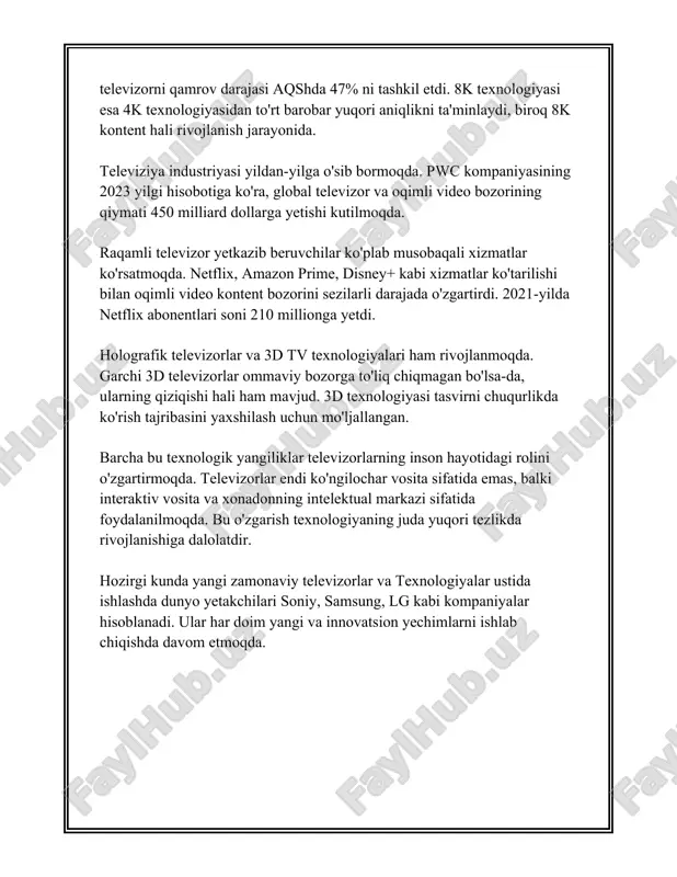 iy texnologiyalarga asoslangan holda ishlab chiqara boshladi, bu esa tomoshabinlar sifatini oshirdi. 2015-yilda o‘zbekistonda raqamli televideniye uzatish tizimlari to‘liq ishga tushdi va borgan sari keng miqyosda foydalanila boshladi. 2020-yilga kelib, o‘zbekistonning deyarli barcha hududlarida raqamli televideniye signalidan foydalanish imkoniyati yaratildi. bugungi kunga kelib, o‘zbekistonda bir nechta davlat va xususiy telekanallar faoliyat yuritmoqda. shuningdek, internet platformalari orqali onlayn televideniyega kirish imkoniyatlari ham mavjud bo‘lib, bu televideniyening rivojlanishida muhim qadamlardan biri hisoblanadi. o‘zbekiston televideniyesi tarixida amalga oshirilgan bu kabi islohotlar va yangilanishlar uni mintaqada yetakchi televideniyelardan biri sifatida shakllanib, tomoshabinlar orasida katta obro‘-e'tiborga ega bo‘lishiga ko‘maklashdi. o‘zbekiston televideniyesi kelgusida ham texnologik yutuqlarni qo‘llagan holda o‘z faoliyatini kengaytirishni davom ettirishi kutiladi. 3. televideniye va milliy madaniyat "televideniye va milliy madaniyat" mavzusida ma'lumot yig'ishda, biz televiziyaning madaniyatga ta'siri, televizor ko'rish statistikasi va milliy madaniyatni ommaviy axborot vositalari orqali targ'ib qilish kabi masalalarni ko'rib chiqishimiz mumkin. televizor ko'rish ommaviy axborot vositalari orasida eng ko'p tarqalgan …