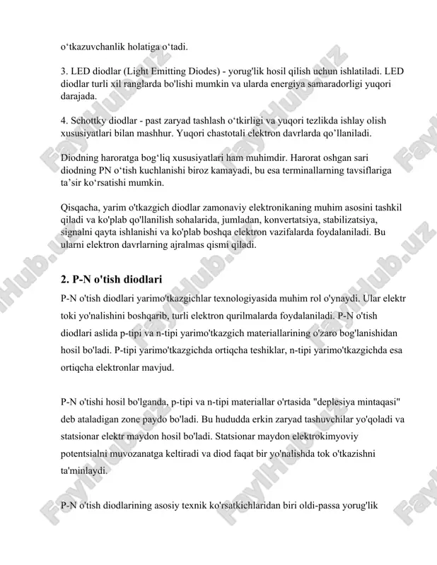 n qo'llanganda, o'tish yoshilmaydi, ya'ni "qayta bog'lanish" yoki "qayta teskari kuchlanish" rejimi yuzaga keladi. aksariyat diodlar qayta bog'lanish kuchlanishiga nisbatan bardoshli bo'lishi uchun mo'ljallangan bo'lsa-da, ularning ayrimlari maxsus qayta bog'lanish kuchlanishiga bardosh bera olmaydi, chunki ular bu kuchlanish rejimida osonlik bilan shikastlanishi mumkin. qayta teskari kuchlanish (vr) maksimal qiymati orqali bu sharoitda foydalanish mumkin. diodlarning yana bir muhim xususiyati ularda yuzaga keladigan sig'imdir. diod sig'imi "shpitsor sig'im" deb ham ataladi va bu qiymat uning yuqori chastotali ishlashiga ta'sir qiladi. odatda, p-n o'tish diodlari uchun motor chlora tipidagi sig'imni 2-4 pikofarad (pf) miqdorida hisoblash mumkin. diodlar issiqlik bilan ishlaganda, ularning chegara kuchlanishlari o'zgarishi mumkin, shuning uchun ularni ishlatishda yaxshi sovutish sharoitlarini ta'minlash lozim. kerakli elektr sig'imni ta'minlash uchun p-n o'tish diodini tanlashda ishchi harorat oralig'i, maksimal doimiy oqim va minimal kuchlanish zaruriyatini hisobga olish kerak. shuningdek, diodlarni ilgari ko'rib chiqilgan nurlanishlardan himoya qilish lozim. eng keng qo'llaniladigan material kremniydir, ammo germaniy …