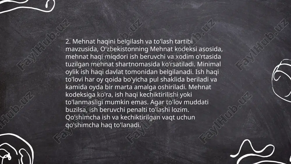 m miqdori odatda xodimning mehnat staji, lavozimi yoki oilaviy sharoitlariga qarab aniqlanadi. ayrim tashkilotlarda yangi yil bonuslari, tug'ilgan kun sovg'alari, ko‘p yillik xizmat mukofotlari yoki favqulodda vaziyatlar uchun maxsus yordamlar mavjud bo‘lishi mumkin. odatda, moddiy yordamlar yillik byudjet yoki maxsus ajratmalar orqali taqsimlanadi. yordamni olish uchun xodimlardan aniq hujjatlar talab qilinishi yoki ariza topshirilishi mumkin. har bir tashkilot modellarni va yordam shakllarini o‘z ichki nizomida bayon qiladi. ... t.me/slaydai_bot 10. to'lov varaqalari va hisobotlari tahlili 10. to‘lov varaqalari va hisobotlari tahlili moliyaviy boshqaruv jarayonidagi muhim bosqichlardan biri hisoblanadi. bu tahlil kompaniyaning moliyaviy holatini tushunish uchun 2019-2022 yillardagi pul aylanmasi, qarzdorlik darajasi va likvidlilik ko‘rsatkichlarini o‘rganishni talab qiladi. hisobotlar 2020-yilda savdo hajmining 23% o'sishini, lekin 2021-yilda inflyatsiya sababli foyda marjasining 5% kamayishini ko‘rsatadi. shu bilan birga, to‘lov varaqalarida kompaniyaning qisqa muddatli majburiyatlari va qabul qilingan kreditlar miqdori, 2023-yilda 15% ga ortgani qayd etilgan. tahlil natijalariga ko‘ra, moliyaviy strategiyalar belgilash va qarorlar …