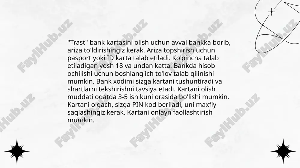 %), elektronika (25%), va oziq-ovqat (20%) kabi tovarlarga sarflandi. trast bank kartalari bilan to'lov, 3d secure kabi xavfsizlik tizimlari bilan ta'minlangan. ... t.me/slaydai_bot 10. trast bank kartasini bloklash usullari trast bank kartasini bloklash usullari quyidagilardan iborat: 1) bankning mijozlarga xizmat ko‘rsatish telefon raqamiga qo‘ng‘iroq qilish orqali. 2) trast bank mobil ilovasi orqali kirib, blokirovka bo‘limida kartani bloklash. 3) internet-banking tizimiga kirib, menyuda kerakli bo‘limni tanlash. 4) yaqin bank filialiga murojaat qilib, shaxsan ariza topshirish orqali. 5) sms-xabar orqali tegishli raqamga karta raqamini va bloklash kodini yuborish. ushbu choralar karta yo'qolgan yoki o'g'irlangan holatlarda xavfsizlikni ta'minlashga yordam beradi. ... t.me/slaydai_bot 11. trast bank kartasining valyuta opsiyalari quyidagicha: trast bank o'z mijozlariga ko'p valyutali kartalarni taklif etadi. ushbu kartalar yordamida mijozlar o'z mablag'larini 3 xil valyutada saqlashlari mumkin: aqsh dollari (usd), yevro (eur) va o'zbekiston so'mi (uzs). bu opsiyalar mijozlarga turli valyutadagi xaridlarni amalga oshirishda qulaylik yaratadi. shuningdek, bank o'ziga xos kurslarda …