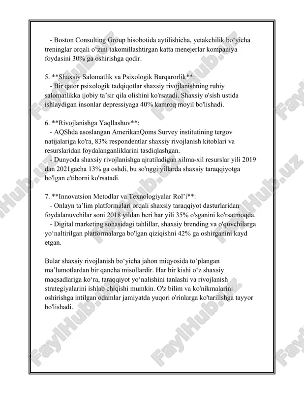 oq ko'rsata olishlari mumkin. 10. **motivatsiya**: shaxsning harakatlarini yo'naltiruvchi ichki yoki tashqi turtki. motivatsiya darajasi yuqori bo'lgan shaxslar o'z maqsadlariga erishish uchun yanada kuchliroq harakat qila oladilar. shaxsning o'ziga xos xususiyatlari haqida to'liqroq tushunchaga ega bo'lish uchun, ba'zi psixologik asarlar va tadqiqotlar ushbu xususiyatlarni o'lchash uchun testlar va baholash vositalarini taklif qiladilar. bular orasida mbti (myers-briggs type indicator), big five personality traits (katta beshlik), disc profiling tizimi va boshqalar kiradi. har bir metodologiya shaxslarni turli nuqtai nazarlardan tahlil qilish va ularning xususiyatlarini aniqlashga yordam beradi. ushbu shaxsiy xususiyatlarning barchasi insonning hayotiga, faoliyat turiga va ijtimoiy munosabatlariga sezilarli darajada ta'sir ko'rsatadi. to'g'ri tushunchaga ega bo'lish, odamlar bilan muvofiqlikni oshirish, jamoaviy ishlarda muvaffaqiyat qozonishga yordam beradi. 3. shaxs va jamiyat "shaxs va jamiyat" mavzusi jamiyatdagi insonning roli, uning huquq va majburiyatlari hamda o'zaro munosabatlari haqida fikr yuritadi. ushbu mavzu inson va jamiyat o'rtasidagi munosabatlarni, shuningdek, ularga ta'sir qiluvchi omillarni tahlil qiladi. shaxs …