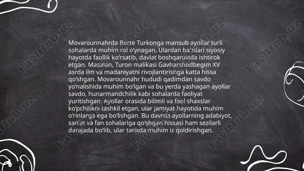 liyoqubxonning onasi edi. nodirabegim qo'qon xonligining siyosatda mustahkam mavqega ega bo'lgan ayollardan bo'lib, uning davrida madaniy hayot va saroy adabiyoti rivojlandi. u shoir, adiba va ilm-fan homiysi sifatida tanilgan. nodirabegim o'z siyosiy faoliyati davomida saroydagi ixtiloflarni boshqarish va xonlik manfaatlarini himoya qilishga katta e'tibor qaratdi. uning nomi bilan bog'liq bir qancha tarixiy asarlar mavjud bo'lib, bu asarlar nodirabegimning qo'qon xonligi tarixidagi ahamiyatini tasdiqlaydi. ... t.me/slaydai_bot 9. asr turkiy sivilizatsiyasida ayol hukmdorlarning o'rni cheklangan bo'lsa-da, ular muhim rol o'ynagan. ushbu davrda ayollar hokimiyatga erishish uchun turli siyosiy strategiyalar, nikoh siyosati va oilaviy aloqalarni ishlatishgan. masalan, xitoydagi tan sulolasi bilan aloqa o'rnatish orqali o'z mavqeini kuchaytirishgan. ayol hukmdorlar, ayniqsa, oila va mahalliy siyosatdagi ta'sirlari bilan ajralib turishgan. madaniyat va san'at rivojiga hissa qo'shgan holda, ular siyosiy va ijtimoiy hayotni boyitgan. biroq, ko'pchilik holatlarda, ular erkak hukmdorlar orqali ma'lum vakolatlarni amalga oshirishgan. ushbu asrda ayrim ayollar o'z farzandlariga vorislikni ta'minlash uchun kuchli siyosiy …