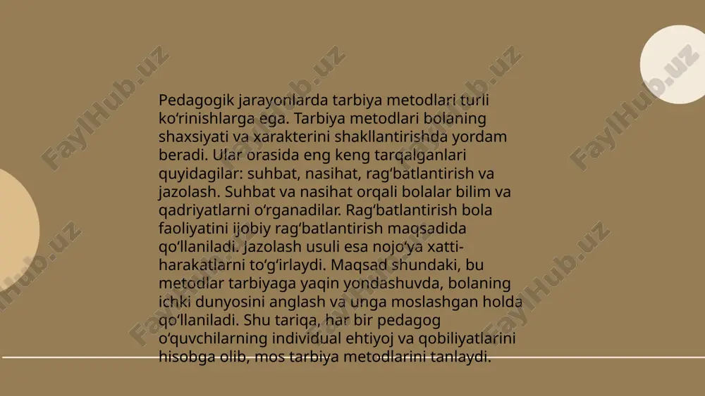 larini yaxshilaydi. maktab va oila o'rtasidagi hamkorlik ijtimoiy masalalar, jumladan, boshqaruv va tartib-intizom muammolarini hal qilishda ham muhim rol o'ynaydi. shu sababli, samarali hamkorlik bolalarning kelajagi uchun mustahkam poydevor yaratishga yordam beradi. ... t.me/slaydai_bot "9. har bir fanni o'qitishda tarbiyalash elementlari" mavzusi ta'lim tizimida muhim ahamiyatga ega. statistik ma'lumotlarga ko'ra, pedagoglar o'z darslarida tarbiyaviy metodlarni qo'llaganda, o'quvchilarning o'zlashtirish darajasi 20-30% ga yaxshilanadi. finlyandiya va singapur kabi davlatlar o'qituvchilarni tarbiyaviy yondashuvlarga o'rgatishga katta e'tibor qaratadi, bu esa ularga dunyo bo'yicha yetakchi ta'lim tizimiga ega bo'lishlariga yordam beradi. 2018-2021 yillarda o'tkazilgan tadqiqotlar ko'rsatadiki, tarbiyaviy elementlarni har bir fandagi darslarga integratsiya qilish o'quvchilarning ijtimoiy ko'nikmalarni rivojlantirishida 40% ga yaxshiroq natijalar beradi. ... t.me/slaydai_bot 10. tarbiya jarayonida zamonaviy texnologiyalar zamonaviy texnologiyalar tarbiya jarayonida muhim rol o'ynaydi. 2021-yilgi tadqiqotlarga ko'ra, o'qituvchilarning 80% zamonaviy texnologiyalarni o'qitish jarayonida qo'llaydi. masofaviy ta'lim platformalaridan foydalanish 50% ga oshgan. interaktiv doskalar va mobil ilovalar o'quvchilar diqqatini 25% ga oshirishi aniqlangan. …