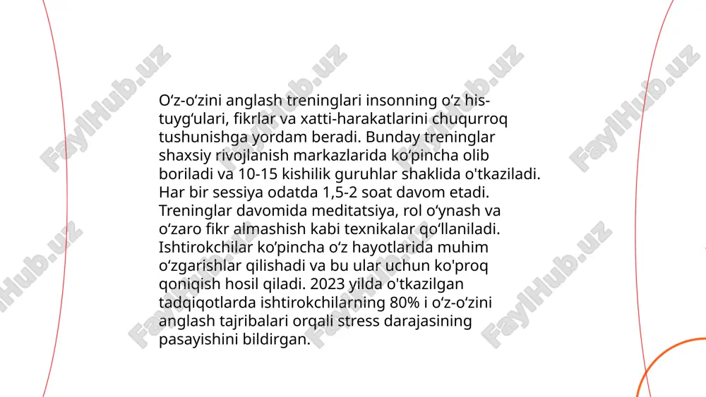 iy mashg‘ulotlar tavsiya etiladi. psixologik tadqiqotlar natijasida yaxshi muloqot qobiliyatiga ega bo‘lganlar ish joyida 30% muvaffaqiyatliroq bo‘lishi aniqlangan. har bir muloqotda tizimli va faol tinglash usullaridan foydalanish fikrlash ko‘nikmalarini 60% yaxshilaydi. shu bilan birga, boshqa madaniyatlar bilan muloqot qilish orqali turli aloqa uslublarini 50% yaxshiroq tushunish mumkin. ... t.me/slaydai_bot 9. emotsional intellektni oshirish treninglari haqida: emotsional intellekt (ei) odamlarning o‘z hissiyotlarini tushunishi va boshqalarning his-tuyg‘ularini anglash qobiliyatidir. treninglar o‘z hissiyotlarini boshqarish, empatiya, ijtimoiy ko‘nikmalar va o‘z-o‘zini motivatsiya qilish kabi jihatlarni rivojlantirishga qaratilgan. ei treninglari ishtirokchilarni 75% stressni kamaytirishi va 80% ijtimoiy munosabatlarni yaxshilashi mumkin. ushbu treninglar ko‘pincha interaktiv mashg‘ulotlar, rolli o‘yinlar va hissiy anglash mashqlaridan foydalanadi. odatda 4-6 hafta davom etuvchi treninglar bir haftada bir yoki ikki marta, har biri 90-120 daqiqa o‘tkaziladi. trening natijalarida ishtirokchilarning umumiy qoniqishi 85% ga yetishi kuzatilgan. ... t.me/slaydai_bot 10. mas’uliyat va intizomni kuchaytirish mas’uliyat va intizomni kuchaytirish mavzusida ko'plab tadqiqotlar mavjud. masalan, intizomni oshirish …