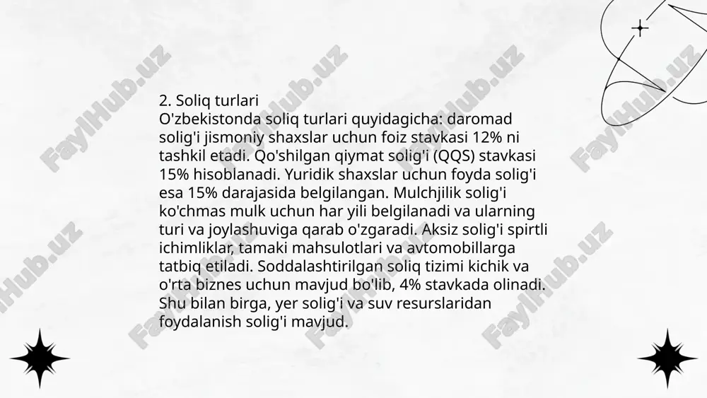 . soliq organlariga vazirlar mahkamasi huzuridagi davlat soliq qo'mitasi rahbarlik qiladi. 2022 yilda o'zbekiston soliqlardan 101 trillion so'm tushum to'pladi. soliq organlari soliq auditlarini o'tkazadi va huquqbuzarliklarni aniqlaydi. ular, shuningdek, soliq bo'yicha maslahatlar berish va soliq majburiyatlari bo'yicha tushuntirishlar taqdim etish mas'uliyatiga ega. soliq organlari korxona va yakka tartibdagi tadbirkorlardan to'g'ri hisobot berilishini talab qiladi. ... t.me/slaydai_bot 10. yigʻim turlari 10. yigʻim turlari quyidagicha ajratiladi: yerni ijaraga olish yigʻimi, mol-mulk soligʻi yigʻimi, suv resurslarini foydalanish yigʻimi, avtomobil yoʻllaridan foydalanish yigʻimi, ekologik yigʻimlar, davlat boj yigʻimi, notarizatsiya faoliyatiga yigʻim, bojxona yigʻimi, davlat xizmatlari uchun yigʻim va litsenziya yigʻimlari. har bir yigʻim turi oʻziga xos ravishda hisoblanadi va tegishli davlat organlariga toʻlanadi. masalan, mol-mulk soligʻi mulkning turiga va qiymatiga qarab olinadi, suv resurslaridan foydalanish yigʻimi esa isteʼmol qilingan suv hajmiga bogʻliq. yigʻimlar davlat byudjetini toʻldirishda muhim ahamiyatga ega. ... t.me/slaydai_bot 11. yigʻimlarni hisoblash tartibi bo'yicha, yig'ımlar davlat tomonidan belgilangan ma'lum me’yorlar asosida …