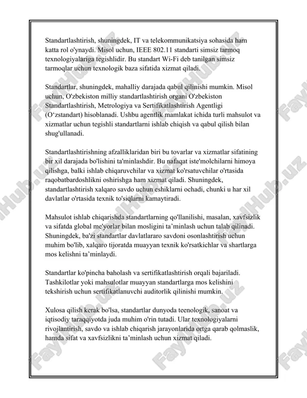f-muhitning himoyasini ta'minlash standartlashtirishning muhim ahamiyatga ega maqsadlaridan biridir. standartlar ekologik ta’sirni kamaytirishga yordam beradigan me’yorlarni belgilaydi. masalan, iso 14000 seriyali standartlar atrof-muhitni boshqarish tizimlari uchun standartlardir va ular korxonalar ekologik izlarini kamaytirish uchun yo'l-yo'riqlar beradi. beshinchidan, resurslardan samarali foydalanishni ta'minlash ham standartlashtirishning maqsadlari qatoriga kiradi. standartlashtiruvchi jarayonlar tijorat va ishlab chiqarish sohalarida energiya, materiallar va vaqtni tejalishiga yordam beradi. bu esa rentabellikni oshirish va resurslarning samarasiz sarfini kamaytirishga yordam beradi. oltinchi maqsad - texnologik va ilmiy-tadqiqot faoliyatini rag'batlantirishdir. standartlashtirish jarayoni yangi texnologiyalar va innovatsiyalarni tadbiq qilishda yo'l-yo'riq bo’lib xizmat qiladi. bu, o'z navbatida, ilmiy-tadqiqot ishlarini kuchaytirishga va ixtirolarni tijoratlashtirish jarayonini tezlashtirishga yordam beradi. yettinchidan, iste’molchilar huquqlarini himoya qilish standartlashtirishning muhim maqsadlaridan biridir. standartlar iste'molchilarni mahsulotlar va xizmatlar sifatiga nisbatan adolatli me'yorlarga asoslangan kutishlarini ta'minlaydi va ularning huquqlarini himoya qiladi. sakkizinchidan, ichki bozorda raqobatni oshirish ham standartlashtirishning keyingi maqsadidir. standartlar raqobatni rivojlantiruvchi omil sifatida ishlab chiqaruvchilar orasida sifati yuqori mahsulotlar …