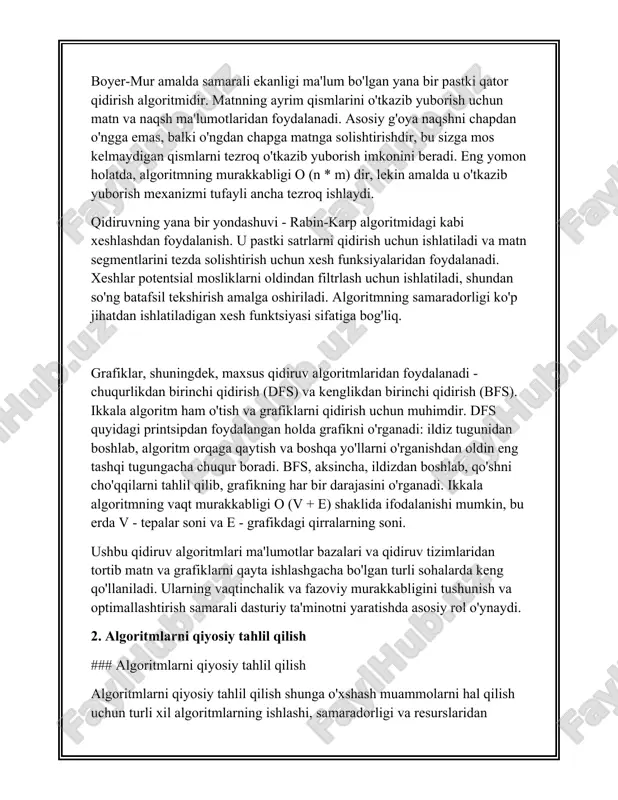 lgan ma’lumotlarning o‘lchami bilan eksponent ravishda ortib boruvchi algoritmlar. misol: barcha quyi tarmoqlarni sanash algoritmi. #### fazoviy murakkablik kosmik murakkablik algoritmga kirish ma'lumotlarining hajmiga qarab vazifani bajarish uchun qancha xotira kerakligini ko'rsatadi. bu quyidagilarga bog'liq bo'lishi mumkin: - ** qarshilik qiluvchi xotira: ** kirish ma'lumotlarining hajmidan qat'i nazar, xotira band bo'ladi. - **bog'liq xotira:** kirish ma'lumotlarining hajmiga bevosita bog'liq bo'lgan xotira. misollar: ikki tartibli massivni birlashtirish uchun odatda ularning umumiy hajmiga mutanosib qo'shimcha xotira kerak \(o(n+m)\). #### amaliy samaradorlik amaliy samaradorlik quyidagi omillar tufayli nazariy samaradorlikdan farq qilishi mumkin: - **protsessor optimallashtirish** va **keshdan foydalanish:** ba'zi algoritmlar keshdan samarali foydalanadi, bu esa ularning bajarilishini tezlashtiradi. - **paralellik:** ko'p bosqichli hisoblash uchun optimallashtirilgan algoritmlar ko'p protsessorli tizimlarda bajarish vaqtini sezilarli darajada qisqartirishi mumkin. #### taqqoslash misollari 1. **saralash**: - **bubble sort:** vaqt murakkabligi \( o(n^2) \), oddiy amalga oshirish. - **birlashtirish saralash:** vaqt murakkabligi \( o(n \log n) \), qo'shimcha xotira …