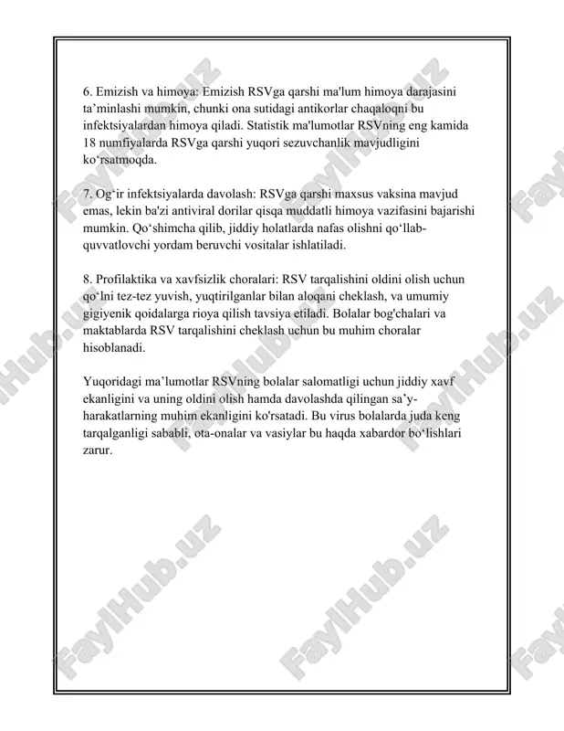 b qiladigan jiddiy alomatdir. 10. **dastlabki belgilar sezilarli bo‘lmasligi mumkin**: olti oygacha bo‘lgan chaqaloqlarda rsv infeksiyasining dastlabki belgilarini aniqlash qiyin bo‘lishi mumkin. ko‘pincha, faqat ingichka respirator bezovtalik belgilari paydo bo‘ladi. rsv infeksiyasi alomatlari noto‘g‘ri tan olinishi mumkin, chunki ular umumiy shamollash alomatlariga juda o‘xshashdir. shu sababli, agar chaqalog‘ingizda yuqoridagi kabi alomatlar kuzatilsa, shifokorga murojaat qilish muhimdir. harorat qanchalik ko‘tarilishi, nafas olish qanchalik qiyin bo‘lishi, ovqatlanishdagi qiyinchiliklar va umumiy ahvoliga qarab, yetarli davolanish kerak bo‘lishi mumkin. 3. rsvga qarshi emlash imkoniyatlari respirator sinsitial virus (rsv) - yangi tug'ilgan chaqaloqlar va yosh bolalar orasida keng tarqalgan infektsion kasallik sababchilaridan biri hisoblanadi. bir necha yil davomida bu virusga qarshi emlash imkoniyatlarini yaratish tadqiqotlari olib borildi. quyidagi axborotlar faqat ma'lumotlarga asoslangan bo'lib, raqamlar va faktlar keltiriladi: 1. **rsv ning epidemiologik koʻlami:** jahon sog'liqni saqlash tashkiloti (jsst) tomonidan olib borilgan tadqiqotlar shuni ko'rsatmoqdaki, har yili taxminan 33 million yosh bola rsv infektsiyasi bilan kasallanmoqda. ulardan …