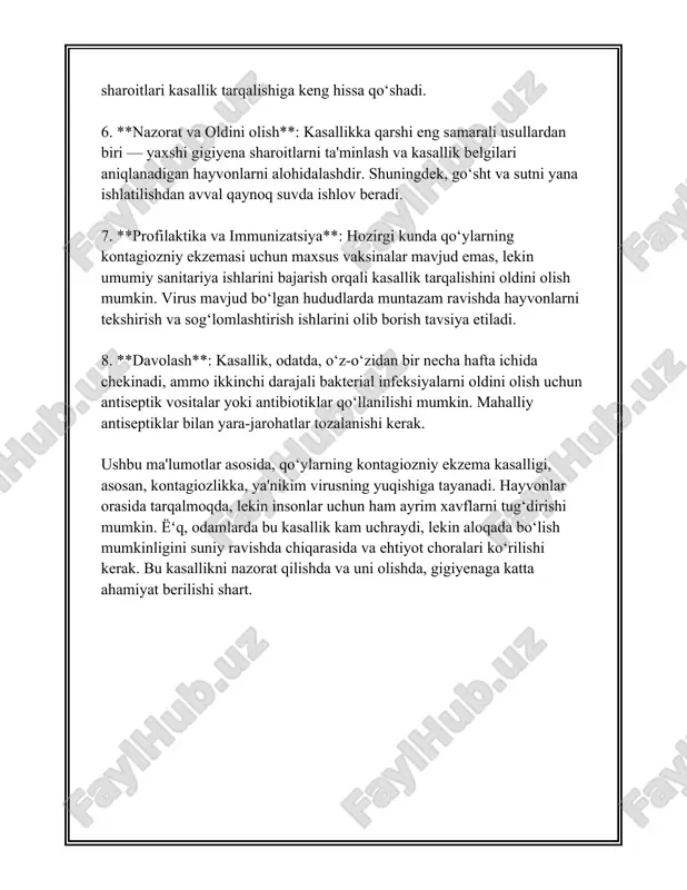 gani holda, himoya choraliralarining sifatini oshirish zaruratlidir. profilaktika choralari ixtiyor etilishida vaksina eng muhim vosita sifatida qabul qilingan, va vaksinatsiya ko’plab hududlarda qo’llanilmoqda. lekin, vaksina faqatgina kasallikni oldini oluvchi chora sifatida qabul qilinishi kerak, va boshqa himoya choralarilar juda muhim. 3. qo’ylarning kontagiozli ekzema diagnostikasi qo'ylarning kontagiozli ekzema diagnostikasi haqida ma'lumot qo'ylarning kontagiozli ekzema - bu virusli yuqumli kasallik bo'lib, butun dunyo bo'ylab qo'ylar orasida uchraydi. kasallik poxviruslar oilasiga mansub viruslar sabab bo'ladi, va u teri va shilliq pardalarda jarohatlarning paydo bo'lishiga olib keladi. bu kasallikning diagnosini qo'yishda bir nechta omillarni hisobga olish kerak. birinchi navbatda, klinik belgilarga asoslangan baholash amalga oshiriladi. kasallangan qo'ylar odatda lablar, og'iz, burni va oyoqning yuzalarida yaralar yoki tuberkkalarni namoyon qiladilar. bu jarohatlar dastlab besh kundan yetti kungacha davom etadi va keyinchalik jarohatlar qattiq kabuklar bilan qoplanadi. jarayon bir necha hafta davom etishi mumkin. qo'ylarning kontagiozli ekzema klinik belgilari bilan bir xil ko'rinishga ega bo'lgan …