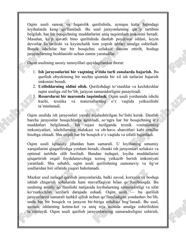 usulini qo‘llashda ishchi kuchi, texnika va materiallar qat’iy muvofiqlashtirilgan bo‘lishi kerak. materiallar va texnika o‘z vaqtida yetkazib berilishi, ishchilar esa kerakli joyda va kerakli vaqtda band bo‘lishi zarur. oqim usulining samarali ishlashi uchun hamma bosqichlar o‘rtasida doimiy nazorat va monitoring o‘rnatilishi kerak. bu orqali jarayonning to‘xtab qolishiga yoki muammolarning yuzaga kelishiga yo‘l qo‘yilmaydi. shu bilan birga, oqim usuli yuqori darajadagi rejalashtirishni talab qiladi. har bir ishning boshlanish va tugash muddati aniq belgilanishi, ishchilarning malakasi va tajribasi hisobga olinishi kerak. bunday yondashuv qurilish jarayonida oqilona va samarali ishlashni ta’minlaydi. qurilishda oqim usulidan foydalanish, ayniqsa, yirik va murakkab loyihalar uchun samarali bo‘ladi. bu usulni qo‘llash orqali qurilish jarayonini optimallashtirish va ishlarni bir-biriga bog‘langan holda amalga oshirish mumkin. oqim usuli nafaqat qurilish sifatini oshiradi, balki umumiy loyiha xarajatlarini kamaytirishga yordam beradi. 2. qurilish jarayonlarini oqim usulida tashkil qilish. qurilish jarayonlarini oqim usulida tashkil qilish – bu ishlarni samarali rejalashtirish va ularni uzluksiz, muvofiqlashtirilgan …