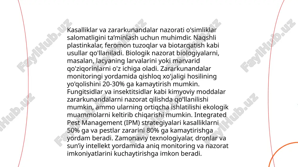 arning sarg‘ayishiga va qurib qolishiga sabab bo‘ladi. zararkunandalarni nazorat qilishda biologik usullar, masalan, foydali hasharotlarni qo‘llash va kimyoviy pestitsidlar qo‘llanilishi mumkin. samarali nazorat uchun muntazam kuzatuv va monitoring zarurdir. ... t.me/slaydai_bot entomofaglar qovun ekinlarida zararkunanda hasharotlar bilan kurashishda muhim rol o'ynaydi. jumladan, ladybirds (coccinellidae) qovunlarni aphidlar (aphididae) kabi zararkunandalardan himoya qiladi. tadqiqotlar shuni ko'rsatadiki, entomofaglar qatoridagi foydali hasharotlar tabiiy dushmanlik qobiliyatiga ega bo'lib, zararkunandalarning sonini 30-40% gacha kamaytirish mumkinligini ko'rsatadi. qovuningizni pestitsidlarni kamaytirish orqali ekologik toza usullar bilan himoya qilishni ta'minlash entomofaglar sonining oshishi bilan bog'liq bo'lib, bu choralar hosildorlikni oshirishda muhim rol o'ynashi mumkin. tajribalar, shuningdek, entomofaglar sonining ko'payishi bilan qovun hosildorligining 20-25% ga yaxshilanishini ko'rsatmoqda. ... t.me/slaydai_bot 3. tabiiy entomofaglar va ularning turlari tabiiy entomofaglar zararkunandalarga qarshi biologik kurashda muhim rol o'ynaydi. ular hasharotlarni ovlab, ularning populatsiyasini nazorat qiladi. tabiiy entomofaglar uchta asosiy turga bo'linadi: yirtqichlar, parazitlar va parazitoidlar. yirtqichlar, masalan, ladybuglar va o'rgimchaklar, zararkunandalarni bevosita ovlaydi. parazitlar …