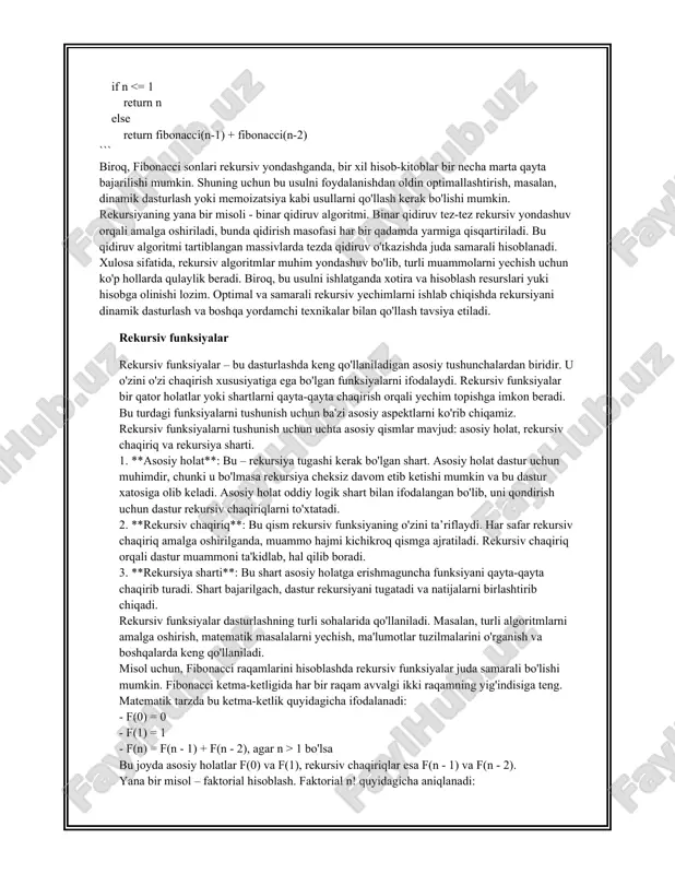 dik algoritmlarda yechim topish uchun ikkala yondashuv ishlatiladi: rekursiv usul murakkab tuzilishga ega bo'lgan masalalarda foydali, iterativ esa oddiy va tez yechim talab qiladigan masalalarda samarali. - rekursiv algoritmlar ko‘pincha kodni soddalashtirishi mumkin bo‘lsa-da, juda chuqur rekursiv chaqiriqlar ko‘p xotira talab qilishi mumkin. bu iteratif usulda esa uncha katta muammo bo‘lmaydi. - agar hisoblashlar juda katta miqdorda bo‘lsa, iterativ yondashuv ko‘proq afzalliklarga ega bo‘ladi. har ikkala usul ham ma’lum sharoitlarda juda qulay bo‘lishi mumkin va dasturchilar ko‘pincha muayyan masalalarga va cheklovlarga qarab qaysi yondashuvdan foydalanishni hal qilishadi. matematik va algoritmik masalalarda rekursiv va iterativ yondashuvlarni tushunish va to'g'ri qo'llash, optimal va samarali dasturlar yaratishda asosiy omillardir. 4. oddiy rekursiv algoritmlar misollari oddiy rekursiv algoritmlar – dasturlashning muhim konsepsiyalaridan biri bo‘lib, muammolarni o‘z-o‘zidan pastroq submuammoni hal qilish orqali yechishni ta’minlaydi. rekursiya, odatda, algoritm bir qator oddiy qadamlar bilan yakunlanadigan holatda faoliyat yuritadi, va bu qadamlarning asosiy komponentasi bazaviy holat (rekursiyaning tugalash …