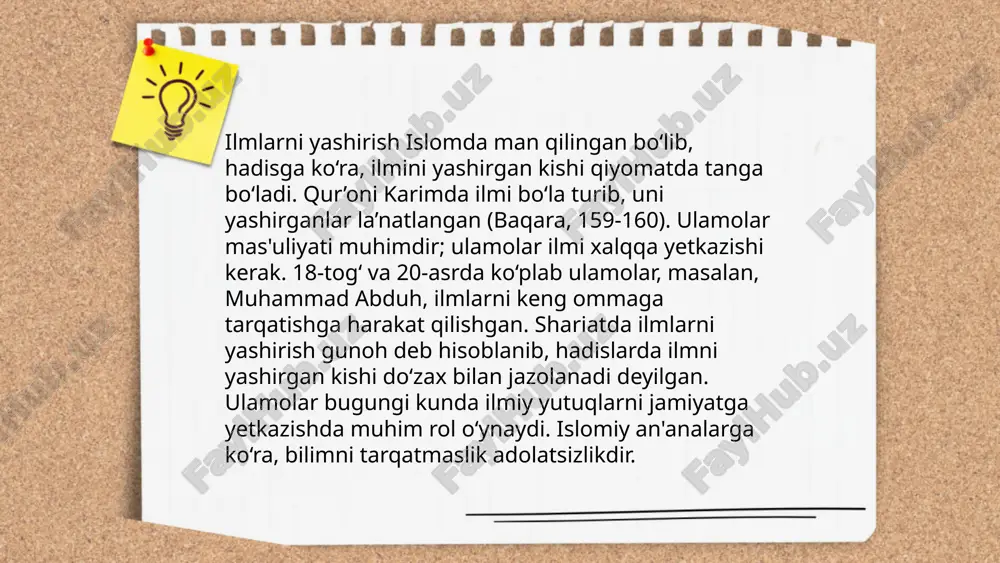 ikka erishishi mumkin. ... t.me/slaydai_bot jamoatning ilm talabida mas'uliyati, butun dunyoda ta'lim sifati va kirish imkoniyatini yaxshilashdan iborat. 2021-yil statistik malumotlariga ko'ra, o‘zbekiston aholisining 99% dan ortig‘i savodli. unesco ma'lumotlari birinchi o‘rinda bolalar va yoshlarning ta'lim olishida teng imkoniyatlarni ta'minlash lozimligini ko‘rsatadi. o'zbekistonda davlat byudjetining taxminan 5% ta'limga sarflanadi. 2030-yilgacha barqaror rivojlanish maqsadlari doirasida, ta'limni yaxshilash orqali o‘qishni davom ettirayotganlar sonini ko‘paytirish vazifasi mavjud. shu nuqtai nazardan, mahalliy jamoalar ham ta’lim olish uchun imkoniyatlar yaratishda va o’z resurslarini ta'limga yo’naltirishda mas'uldir. ... t.me/slaydai_bot 10. muassasalar va shar'iy ilmlarning ommaviyligi muassasalar va shar'iy ilmlarning ommaviyligi sohasida o‘zbekistonda diqqatga sazovor o‘zgarishlar ro‘y bermoqda. bugungi kunda o‘zbekiston bo‘ylab yuzdan ortiq islomiy ta’lim muassasalari faoliyat yuritadi. ular orasida toshkent islom universiteti va bir necha madrasalar ajralib turadi. ushbu muassasalar har yili minglab talabalarga shar'iy ilmlar bo‘yicha ta’lim beradi. 2017-yildan beri o‘zbekistonda diniy ta’lim yo‘nalishida o‘quv dasturlari va materiallar ko‘paytirilmoqda. yuzlab o‘qituvchilar bu yo‘nalishda malaka …