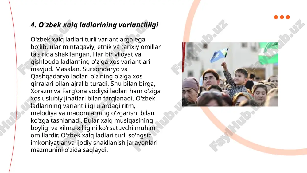 iga xos ifoda va emosiyalarni ifodalaydi. ... t.me/slaydai_bot 10. xalq qo'shiqlarida modulyatsiya usullari xalq qo'shiqlarida modulyatsiya usullari turli xalqlarning an'anaviy musiqiy madaniyatida keng qo'llaniladi. odatda, modulyatsiya qo'shiqning o'ziga xos xususiyatlarini o'zgartirmasdan, yangicha ohang yoki kayfiyat yaratish uchun ishlatiladi. masalan, o'zbek xalq qo'shiqlarida modulyatsiya asosan kuchayish va susayish usullari orqali amalga oshiriladi. ushbu usullar ijrochining ovoz diapazonidan kelib chiqib tanlanadi. ba'zi qo'shiqlarda tonallikning keskin o'zgarishi qo'shiqning dramatik ta'sirini oshirishda muhim rol o'ynaydi. xalq musiqalari ansambllari modulyatsiya orqali turli cholg'u asboblarining kombinatsiyasini yaratishadi, bu esa umumiy ijroning boy va rang-barang bo'lishiga yordam beradi. ... t.me/slaydai_bot 11. milliy qo'shiqlardagi melodik liniyalar o'ziga xos xususiyatlarga ega. bu qo'shiqlar odatda an'anaviy usullarda ijro etiladi va xalqning madaniy merosini aks ettiradi. har bir mintaqa o'ziga xos melodiyalarga ega bo'lib, masalan, farg'ona vodiysi yoki buxoro mintaqalarida turli musiqiy shakllar uchraydi. melodik strukturasi odatda pentatonik shkala asosida qurilgan bo'lib, xromatik unsurlar kamdan-kam qo'llaniladi. ushbu qo'shiqlar ko'pincha o'zbek xalqining …
