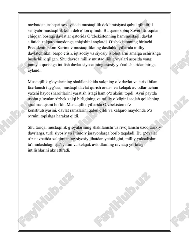 ildi. davlat taraqqiyoti uchun qator ijtimoiy-iqtisodiy va siyosiy islohotlar amalga oshirildi. jumladan, sanoat, qishloq xo'jaligi, ta'lim va sog'liqni saqlash sohalarida tub o'zgarishlar amalga oshirildi. mustaqillik davrida, oʻzbekistonning tashqi siyosiy aloqalari kengaytirildi. davlatlararo diplomatik va iqtisodiy munosabatlarni rivojlantirish orqali o'zbekiston o'zining xalqaro maydondagi mavqeini mustahkamladi. 2000-yillarga kelib, oʻzbekiston umumjahon savdo tashkiloti (wto)ga aʼzo boʻlish jarayoniga kirishdi. umuman olganda, o'zbekiston mustaqillik harakati tarixiy jarayon sifatida milliy ong va davlat mustaqilligini shakllantirishda muhim rol o'ynadi. bu jarayon xalqning birligi va davlatning suverenligini ta'minlashda muhim qadamlar qo'yilishiga sabab bo'ldi. yillar davomida o'z rivojlanish yo'lini tanlagan o'zbekiston, bugungi kunda mustaqil va suveren davlatchilik asoslarini mustahkamlay olgan jamiyat sifatida namoyon bo'lmoqda. 3. jadidchilik harakati va mustaqillik jadidchilik harakati oʻzbekiston va butun markaziy osiyo tarixida muhim ahamiyat kasb etgan madaniy-maʼrifiy harakatdir. ushbu harakat xix asr oxiri va xx asr boshlarida avj olgan boʻlib, oʻsha davrdagi jadid ziyolilari tomonidan boshlab berilgan. jadidchilik harakati oʻzbek va umuman turkiston xalqlarining …