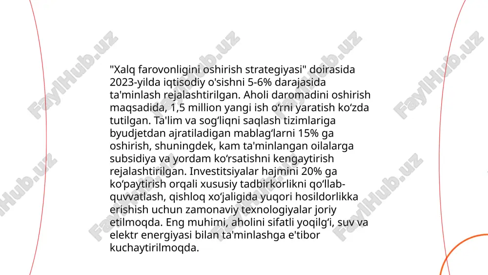 ta'minlashni ko'zda tutadi. bu prinsiplar ijtimoiy barqarorlik, tinchlik va global taraqqiyot uchun asosiy ahamiyatga ega. ... t.me/slaydai_bot aholining turmush darajasini yaxshilash uchun bir qancha ko‘rsatkichlar muhim ahamiyatga ega. aholining bandlik darajasi yuksalishi, ishsizlik darajasi esa pasayishi kerak. ma’lumotlarga ko‘ra, 2022-yilda o‘zbekistonda ishsizlik darajasi 9,4%ni tashkil etdi. ta’lim va sog‘liqni saqlashga ajratilayotgan mablag‘lar ham ko‘paytirilishi zarur. masalan, 2023-yilda o‘zbekistonda ta’lim sohasiga ajratilgan mablag‘ 22%ga oshdi. yana bir ko‘rsatkich, kambag‘allik darajasini kamaytirishdir. 2022-yilda o‘zbekistonda kambag‘allik darajasi 11% deb qayd etilgan bo‘lib, bu ko‘rsatkichni pasaytirishga e’tibor qaratish kerak. turmush darajasini oshirishda yalpi ichki mahsulot (yaim) o‘sishi ham muhimdir, 2023-yilda o‘zbekistonda yaim 5,6% ga o‘sishi prognoz qilinmoqda. ... t.me/slaydai_bot 10. kam ta'minlangan qatlamlarni qo'llab-quvvatlash 10. kam ta'minlangan qatlamlarni qo'llab-quvvatlash bo'yicha ma'lumotlar quyidagicha: mamlakatda 2022-yilda jami aholining 12% kam ta'minlangan deb topilgan. hukumat ushbu qatlamlarni qo'llab-quvvatlash uchun yillik 750 milliard so'm miqdorida mablag' ajratdi. kam ta'minlangan oila a'zolari har oyda o'rtacha 180 ming so'm mablag'dan …