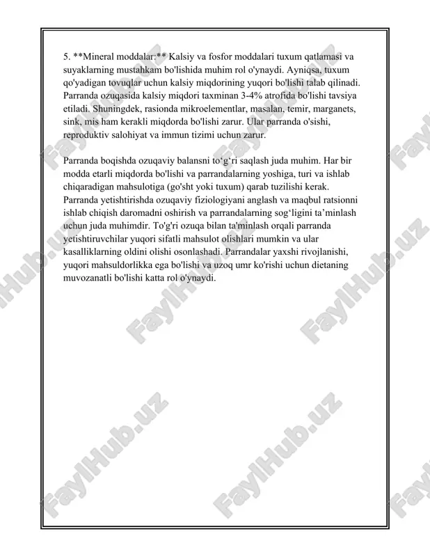 arrandalarning o'sishini hamda sog'lig'ini yaxshilashga qaratilgan. bu ma'lumotlar parrandalarning o'sishi va rivojlanishi uchun to'g'ri va muvozanatli oziqlanishni ta'minlash muhimligini ko'rsatadi. farmonlar o'sishining ekologik va iqtisodiy jihatlarini yaxshilash uchun har bir parrandani to'g'ri oziqlantirish muhim ahamiyatga ega. bu esa o'z navbatida parrandachilik bilan bog'liq iqtisodiy daromadlarni oshiradi va sifatli mahsulot ishlab chiqarish imkoniyatini beradi. 3. parrandalar metabolizmi parrandalarning metabolizmi – bu ularning energetik va ozuqaviy moddalarni qabul qilish, o‘zlashtirish va utilizatsiya qilish jarayonlarini anglatadi. bu jarayonlar parrandalarning o‘sishi, rivojlanishi va hayot faoliyati uchun o‘ta muhimdir. parrandalar uchun metabolizm ko‘rsatkichlari va energiya sarfi boshqa hayvon turlariga nisbatan o‘ziga xos xususiyatlarga ega. 1. **bazal metabolizm darajasi (bmr)**: parrandalarning bazal metabolizm darajasi tijoriy chorvachilikda alohida e’tibor talab qiladi. masalan, tovuqlar uchun bazal metabolizmning minimal darajasi tana vazniga nisbatan kg uchun 70 kkal hisoblanadi. 2. **metabolik energiya**: parrandalar metabolik energiyani yemishlardan oladi. tovuq va broyler tovuqlar uchun metabolik energiya iste’moli o‘ziga xos va bu oziq-ovqatning …