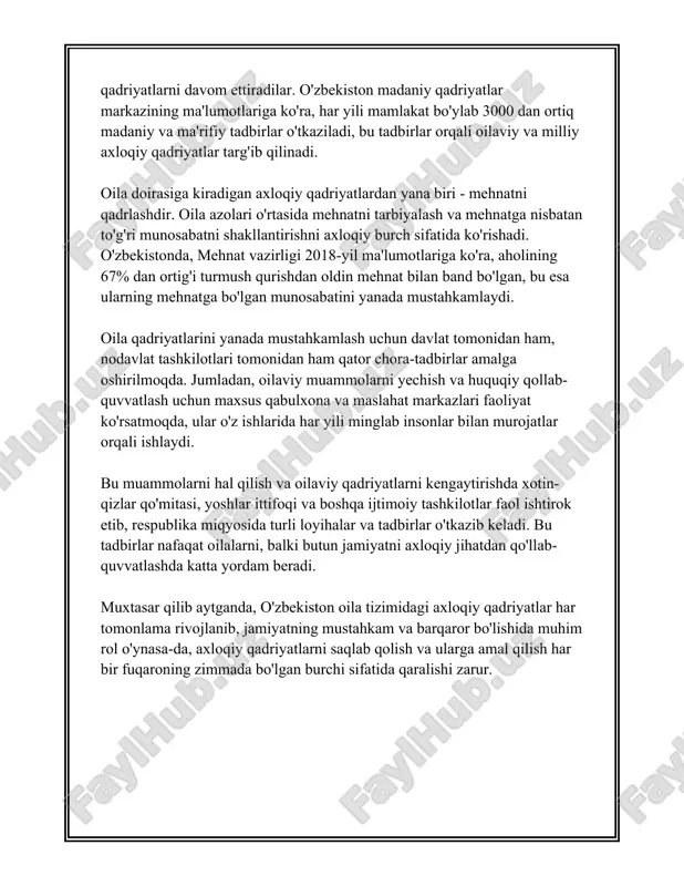 bo'lib, taxminan 4-5% ni tashkil qiladi. bu esa oila salomatligi va genetik kasalliklarning oldini olishda muhim omil hisoblanadi. oila va an'ana mavzusida yoshlarning o'rni juda katta. bugungi kunda, mamlakatdagi yoshlarga oilaviy an'analarni saqlab qolish va o'zlashtirishda ko'plab vazifalar yuklanadi. maktab va oliy ta'lim muassasalari orqali yoshlar orasida oila qadriyatlarini targ'ib qilish, ularni to'g'ri yo'naltirish ishlari olib borilmoqda. katta yoshdagi avlodlar va bola o'z-o'zidan tabiiy ravishda an'analarni davom ettirishga intiladi. 2018 yilda o'zbekiston respublikasi prezidentining farmoni bilan "oila kodeksi" va "oila institutini mustahkamlash to'g'risida" qonuni qabul qilingan, bu esa oila institutini kuchaytirishga qaratilgan siyosatning bir qismi sifatida xizmat qiladi. xulosa qilib aytganda, o'zbekistonda oilaviy qadriyatlar juda muhim ahamiyat kasb etadi va ko'plab madaniy va ijtimoiy muhim an'analarga asoslangan. oilaviy tuzilmaning saqlanishi va mustahkamlanishi jamiyatda o'zaro hurmat va birdamlikni saqlab qolishda muhim hisoblanadi. 3. oila munosabatlarining ijtimoiy roli oila munosabatlarining ijtimoiy roli haqida soz ketganda, oilaning jamiyatdagi ahamiyati va uning turli jihatlari …